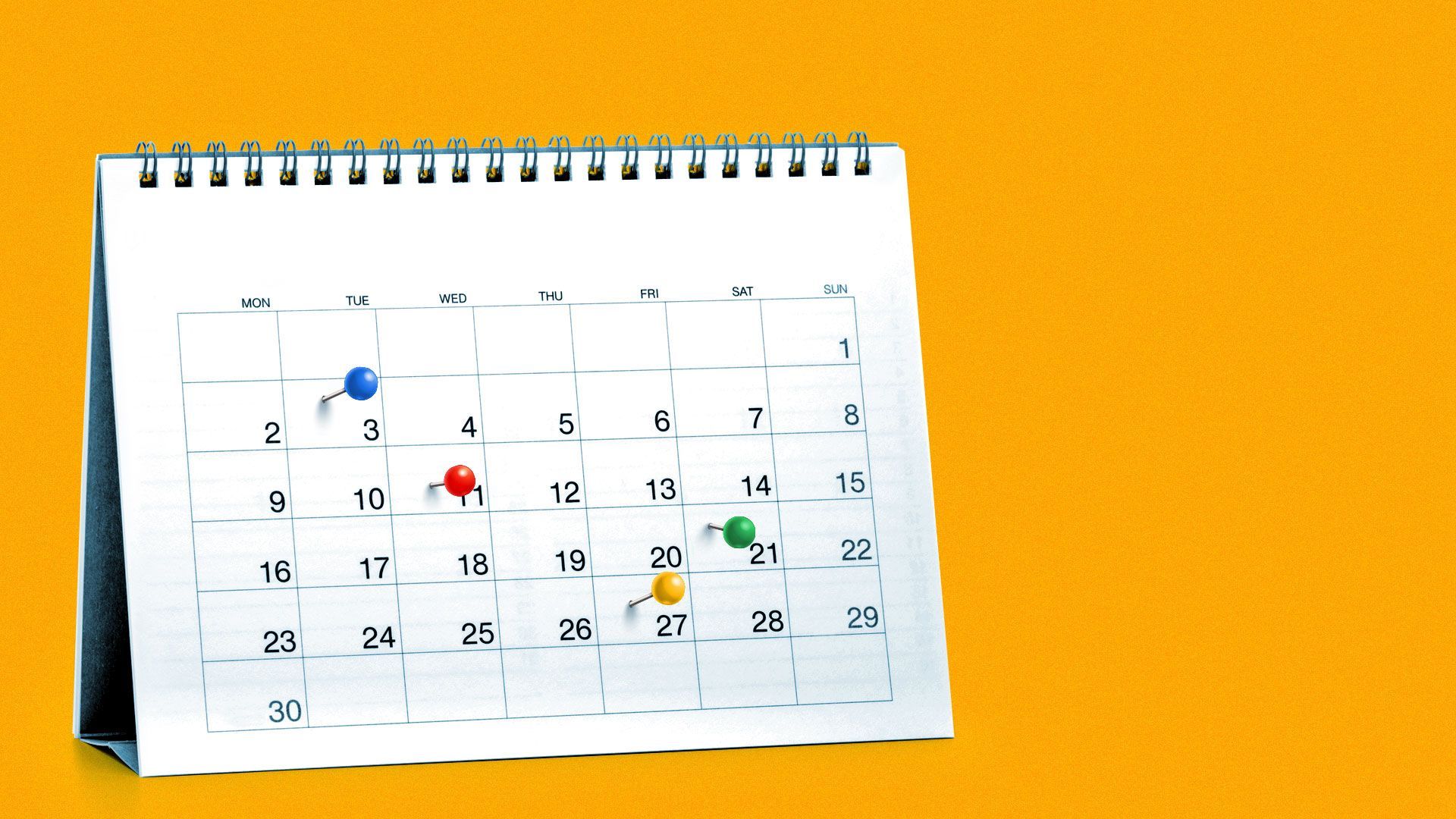 Illustration of a standing desk calendar with a blue pin, a red pin, a yellow pin, and a green pin.