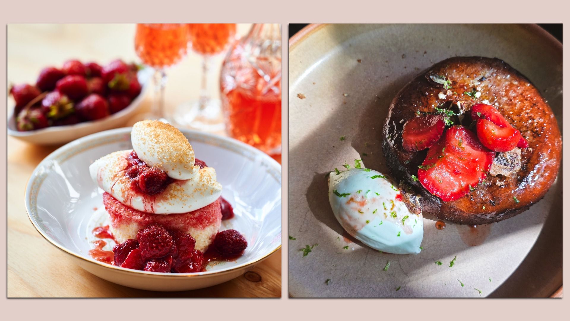 Two-panel dessert image: left shows a raspberry-topped dessert with cream and berry sauce; right shows a browned cake with strawberries and a scoop of ice cream.