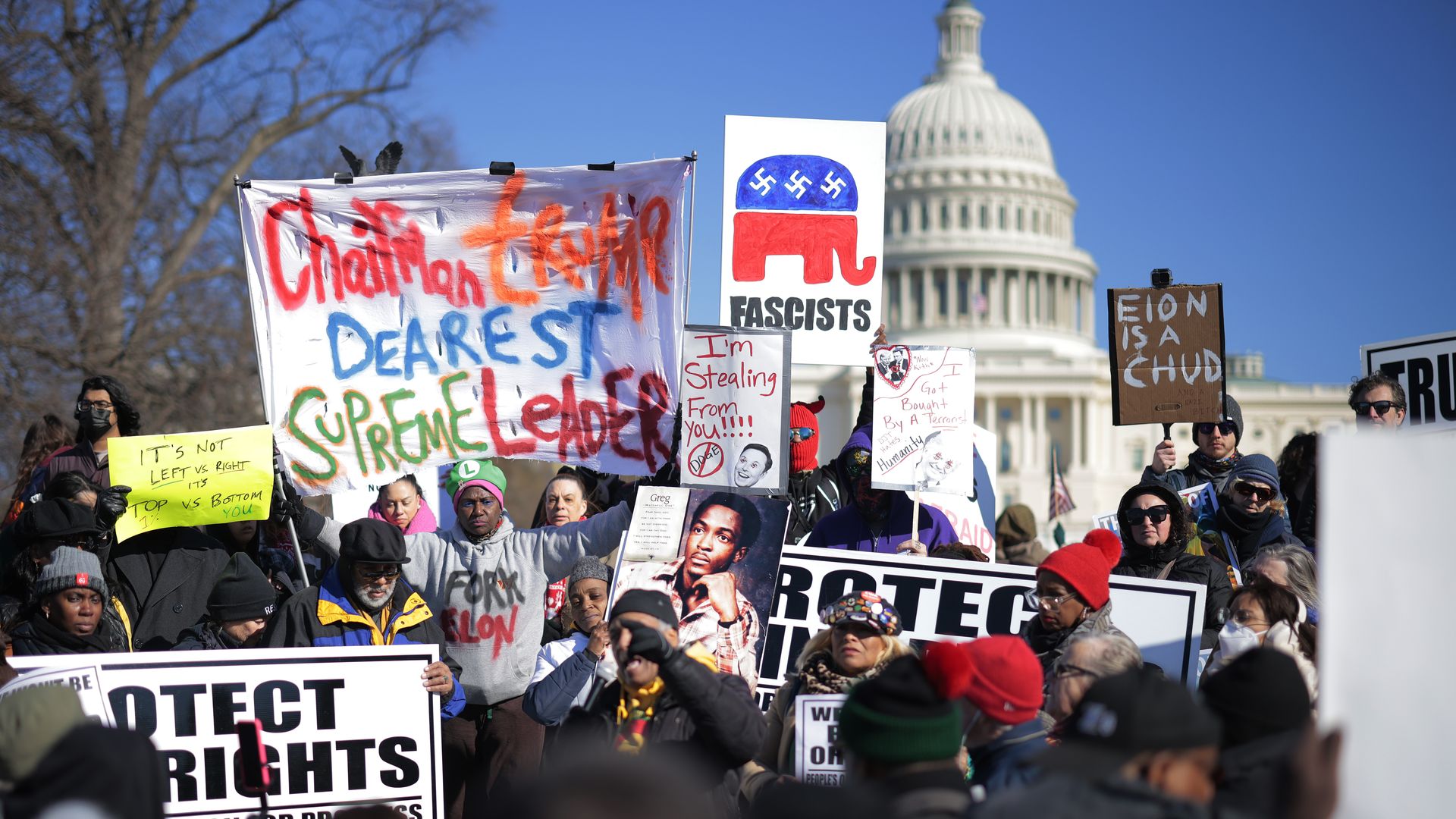 People rally during the "Not My President's Day" protest at the U.S. Capitol on February 17, 2025 in Washington, DC. Protesters rallied in cities across the nation on Presidents' Day against what the organizers say are "the anti-democratic and illegal actions of the Trump administration."