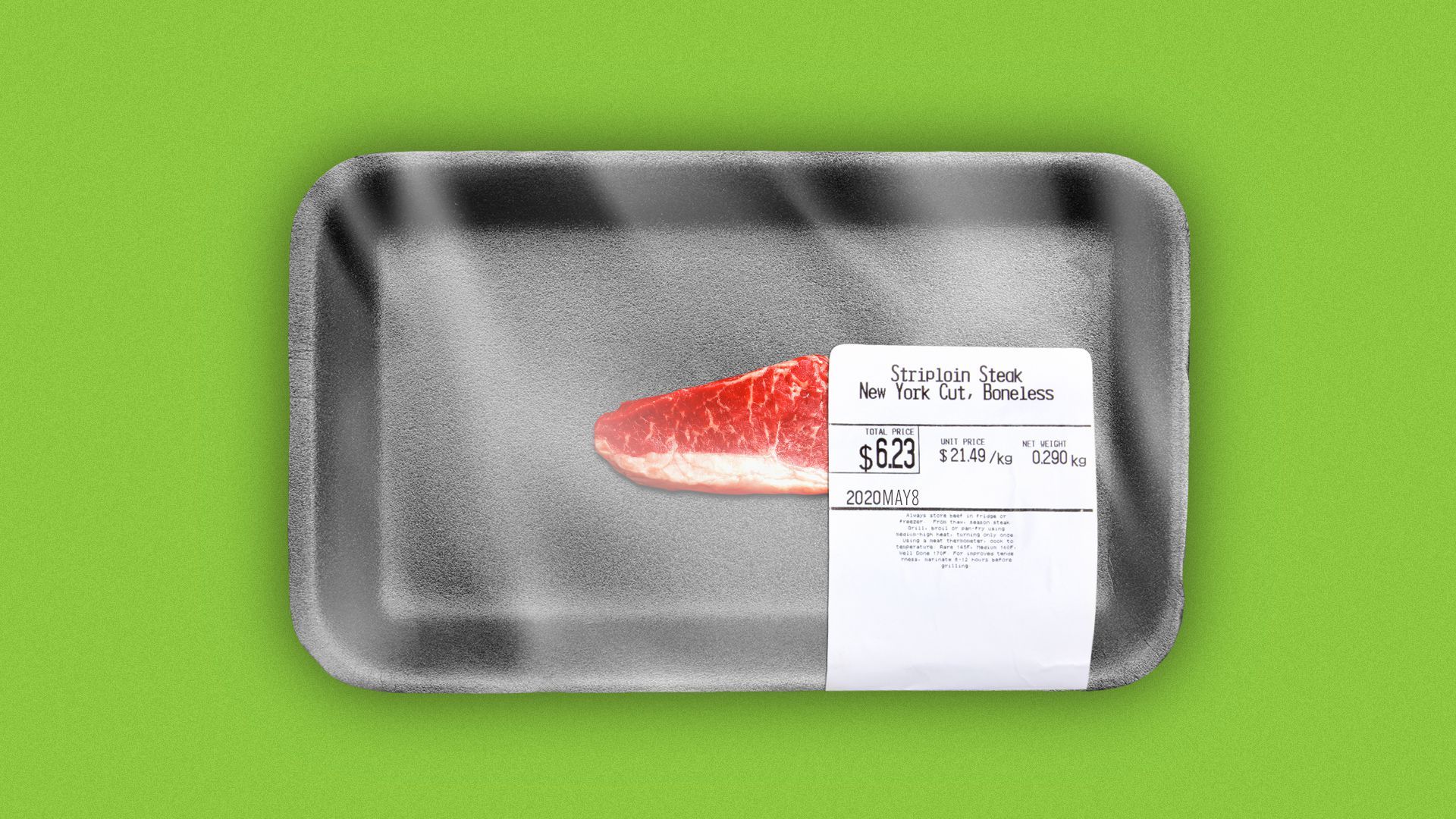 Illustration of a piece of tiny meat in a large styrofoam package. 