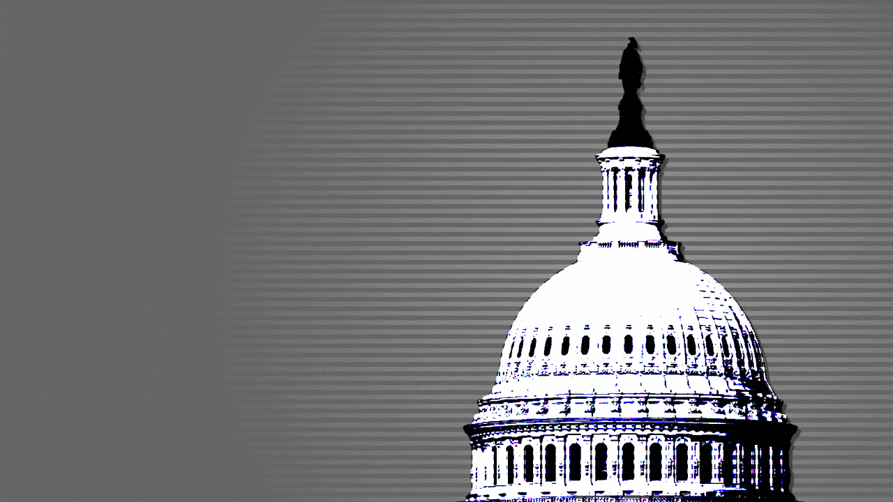Animated illustration of the U.S. Capitol dome being distorted by digital glitches.