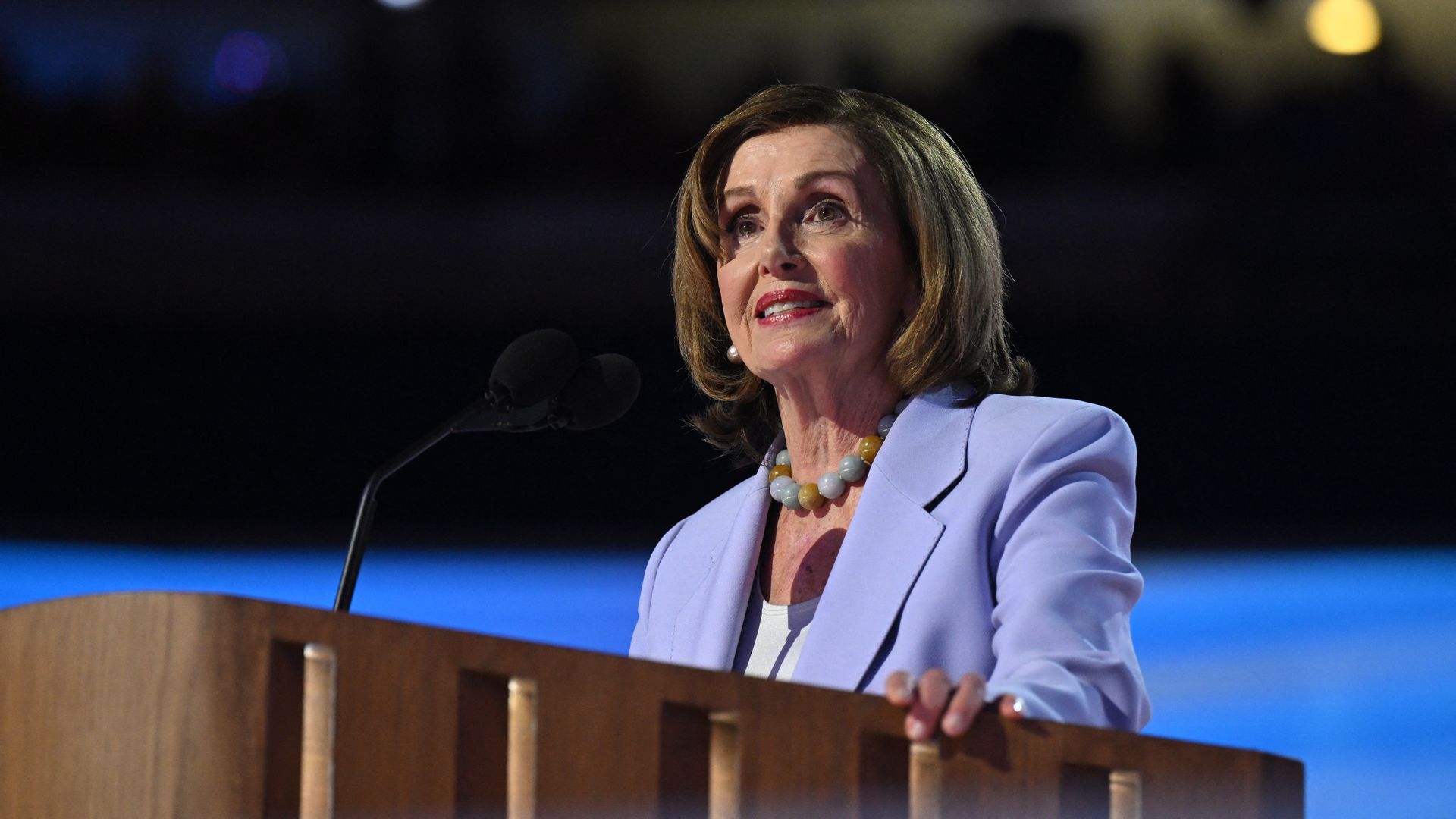 Former US House Speaker Nancy Pelosi speaks on the third day of the Democratic National Convention (DNC) at the United Center in Chicago, Illinois, on August 21, 2024. Vice President Kamala Harris will formally accept the party's nomination for president at the DNC which runs from August 19-22 in Ch