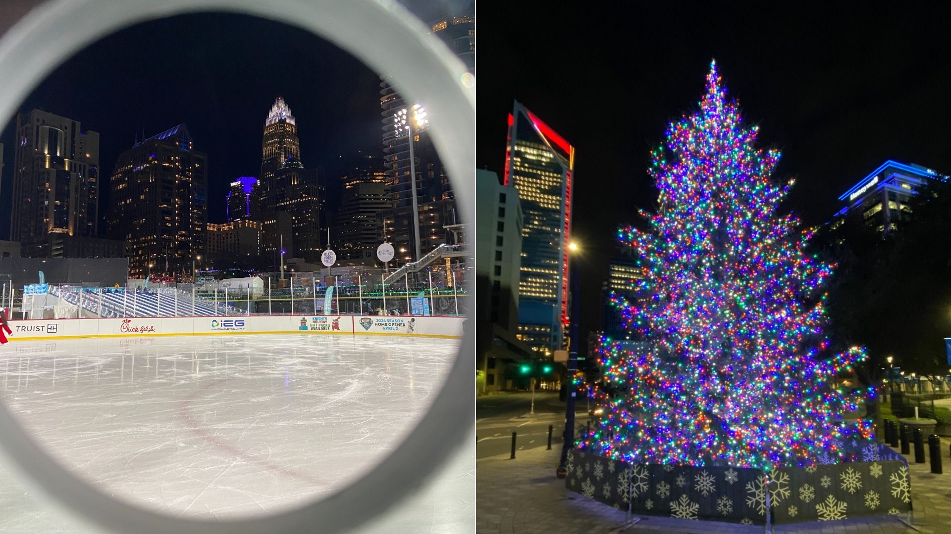 Split image showing an empty ice rink at night framed by a hockey net and a large Christmas tree decorated with multicolored lights in a cityscape with illuminated buildings.