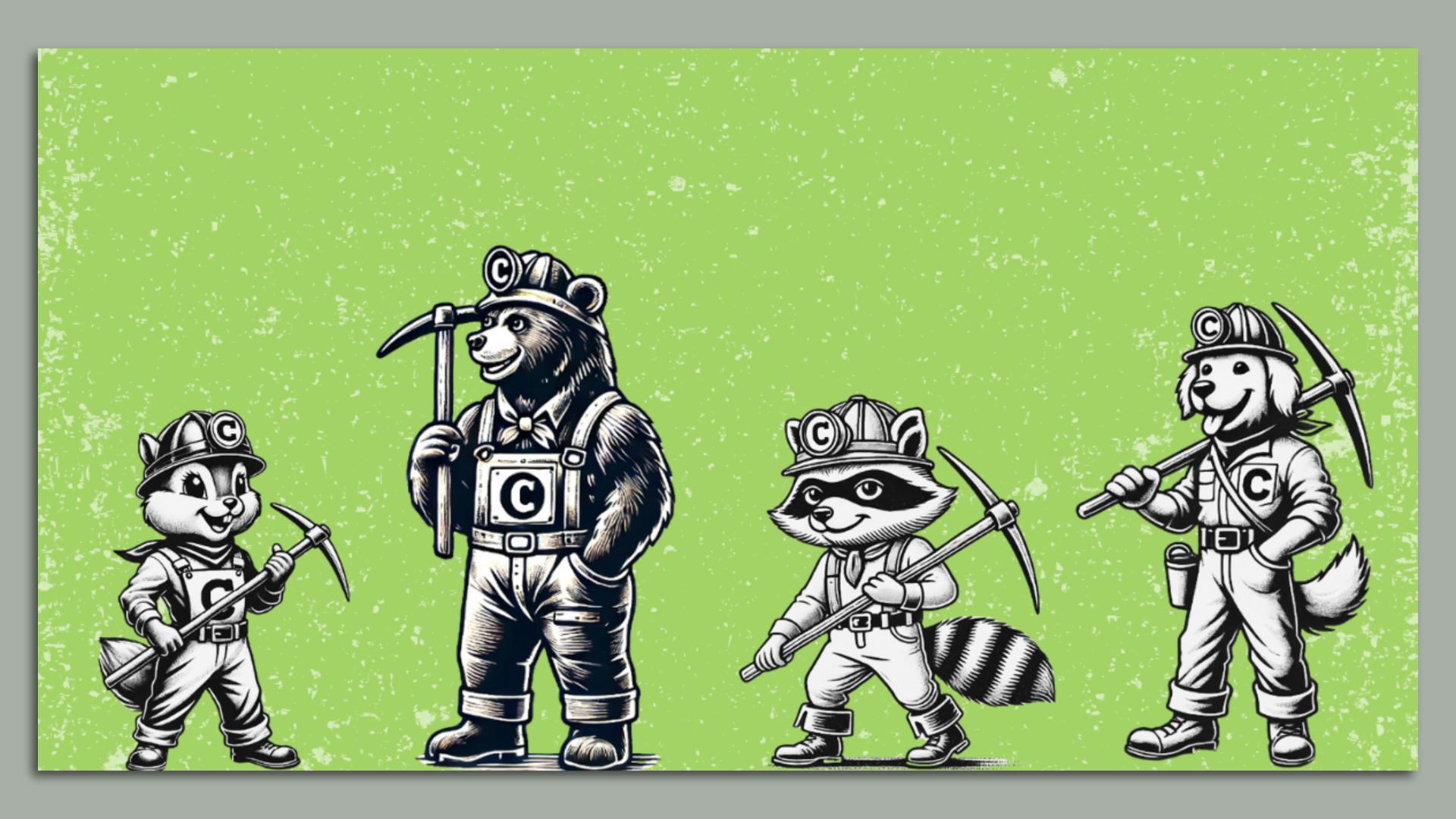 A chipmunk, a bear, a raccoon and a dog dressed as miners