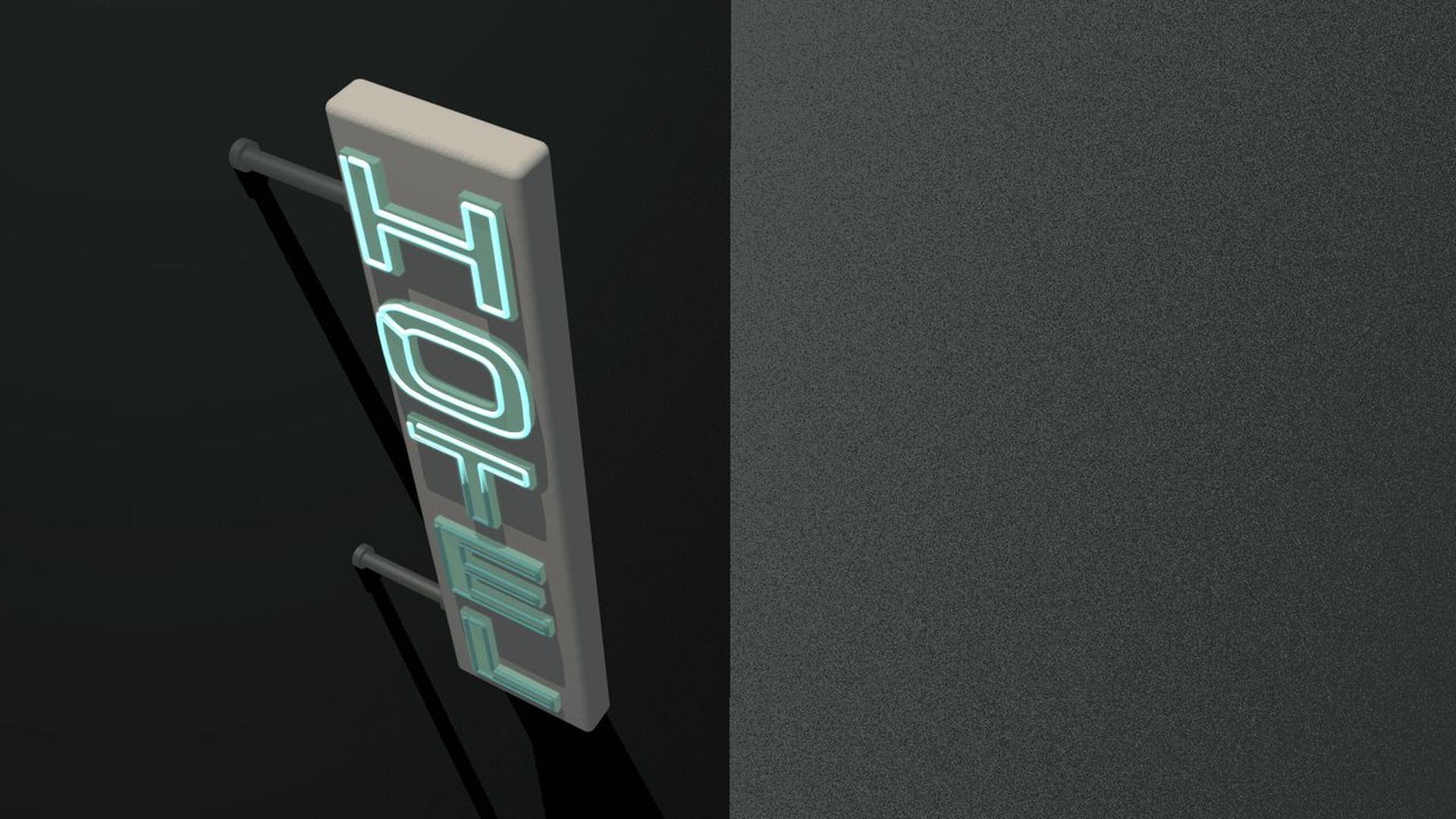 Illustration of a neon hotel sign, only half of which is lighting up.