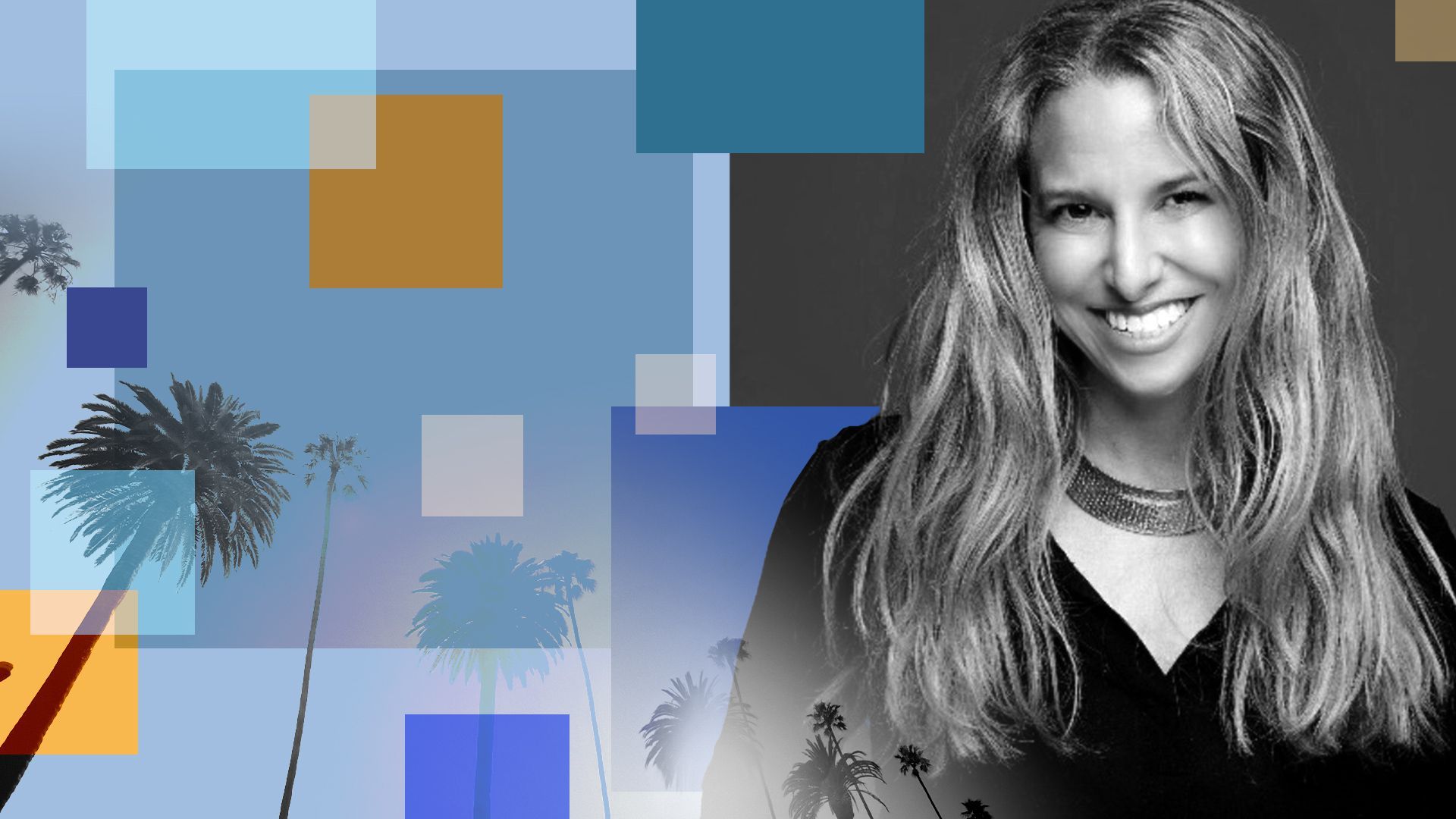 Photo illustration of Joanna Popper with palm trees and abstract shapes.
