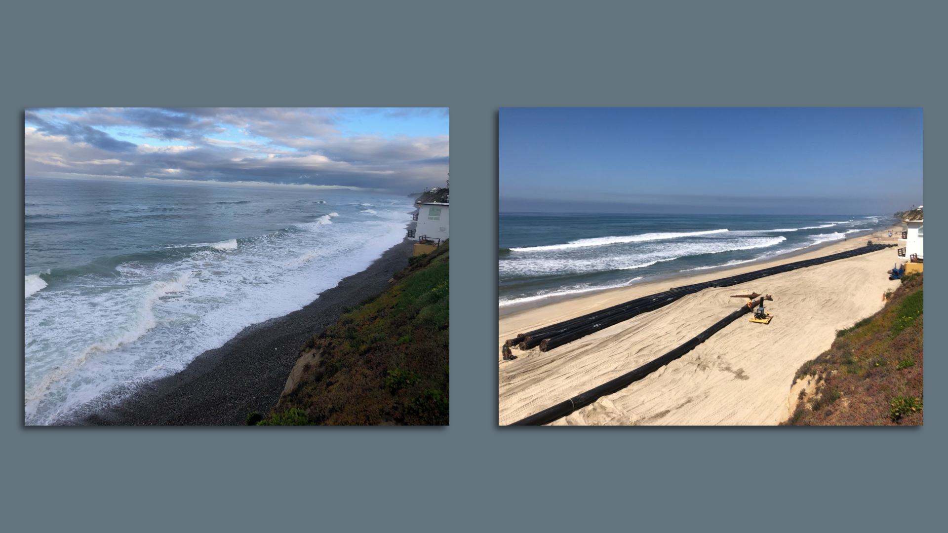 Side by side photos of a rocky beach turned into a sandy one.