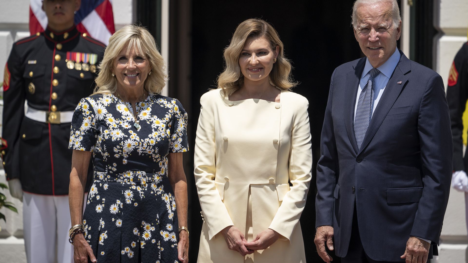 U.S. first lady Jill Biden, first lady of Ukraine Olena Zelenska and U.S. President Joe Biden pose for photos