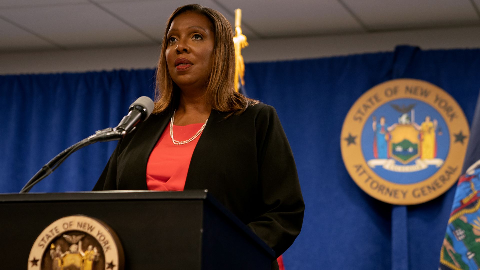 New York Attorney General Letitia James speaking during a press conference in New York City in August 2021.