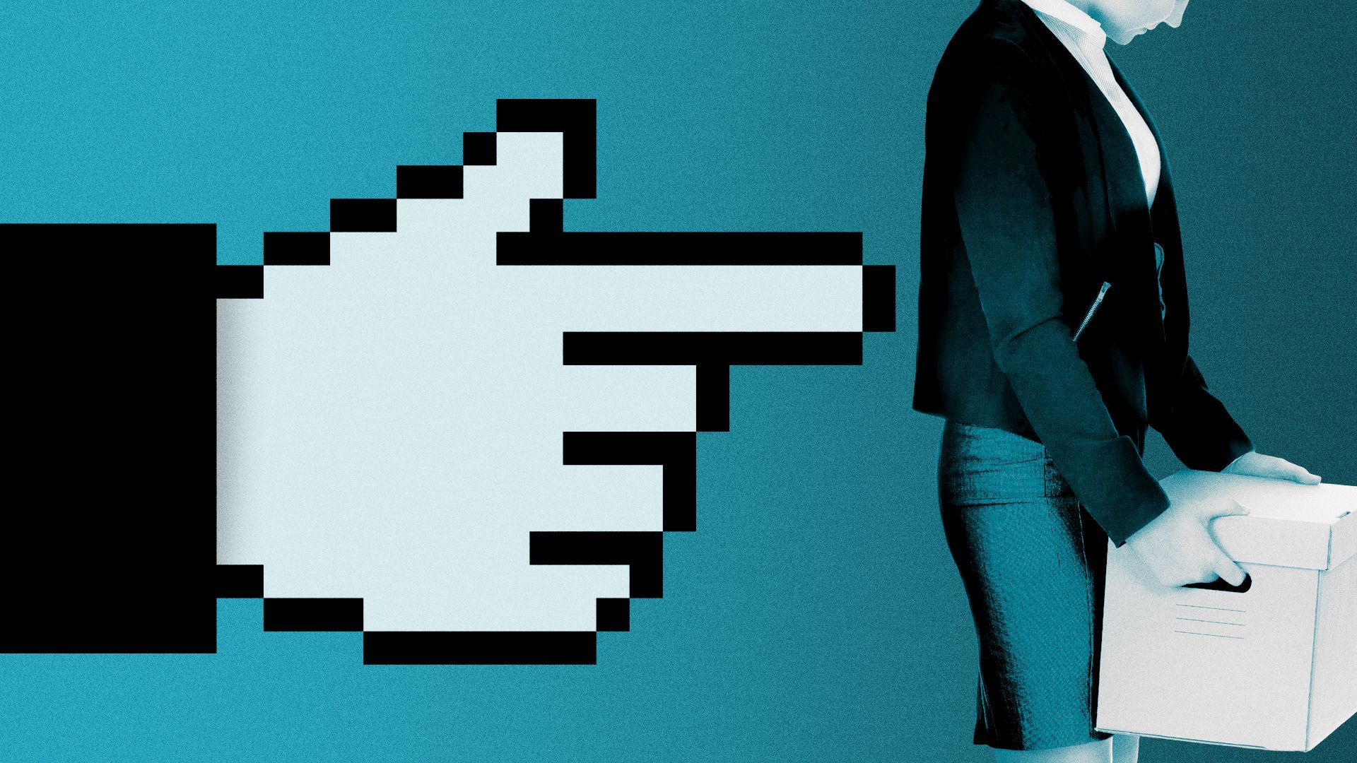 Illustration of a hand cursor pushing out a female employee carrying a box.