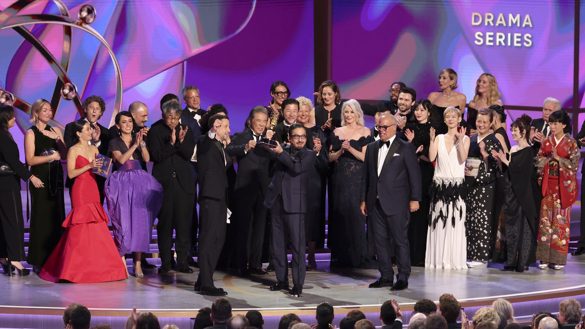 The cast and crew of Shogun accept the award for Best Drama Series at the 76th Primetime Emmy Awards held at Peacock Theater on September 15, 2024 in Los Angeles, California. (Photo by Christopher Polk/Variety via Getty Images)