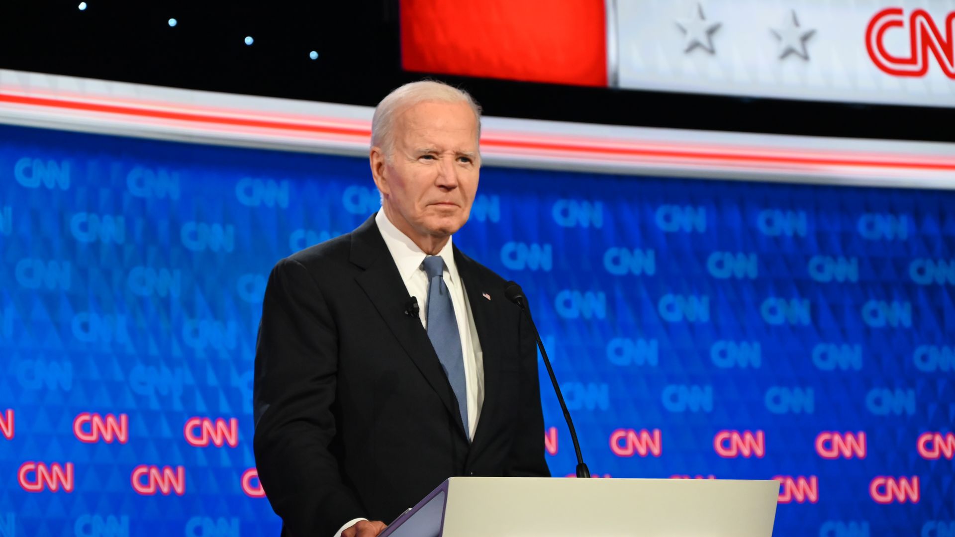 President Joe Biden stands behind a podium at Thursday's presidential debate.
