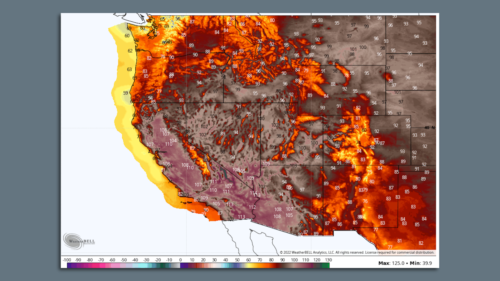 Map showing forecast high temperatures on Monday, Sept. 5, 2022.