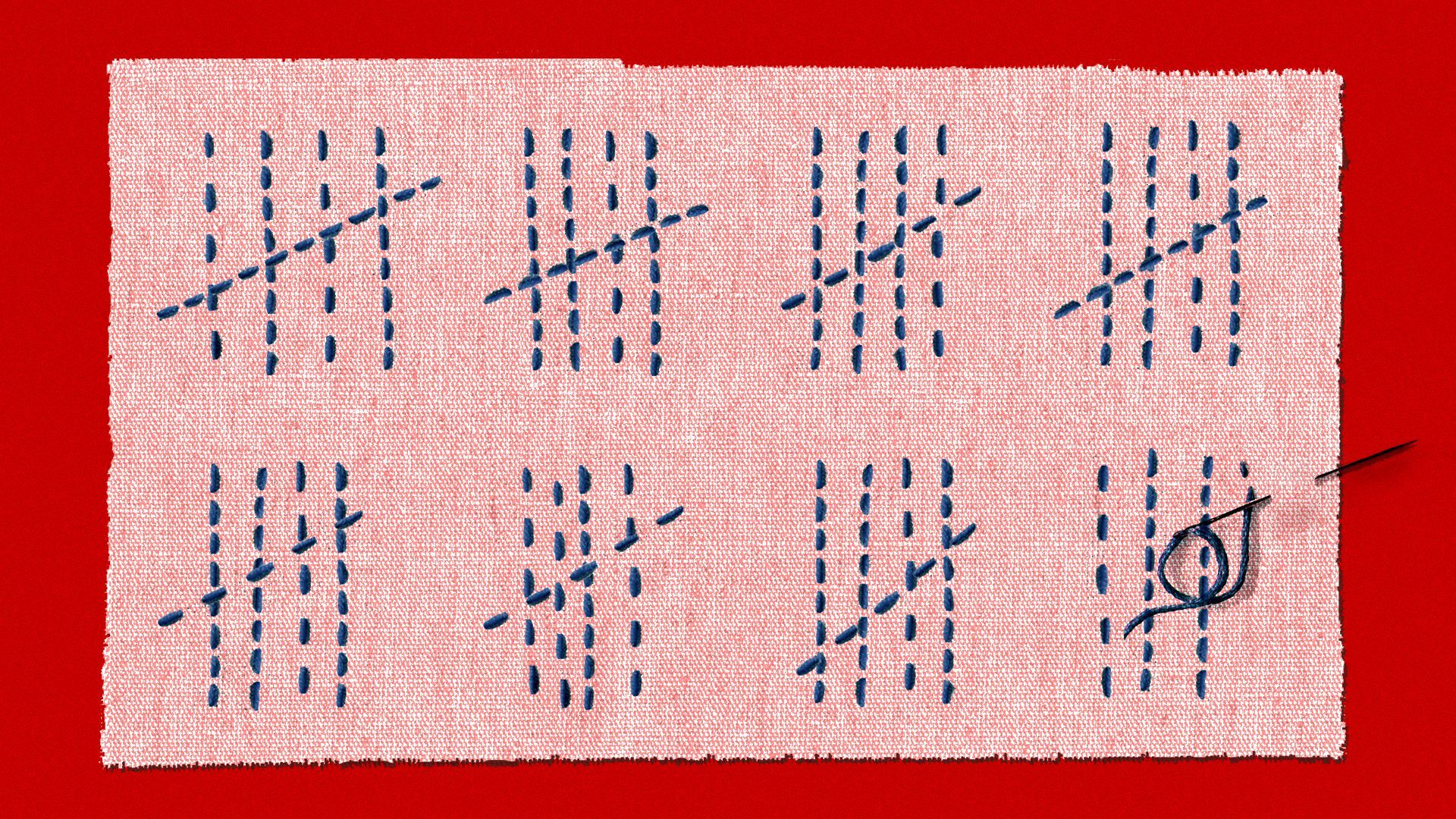 Illustration of a piece of cloth with stitching in the shape of tally marks marking off days
