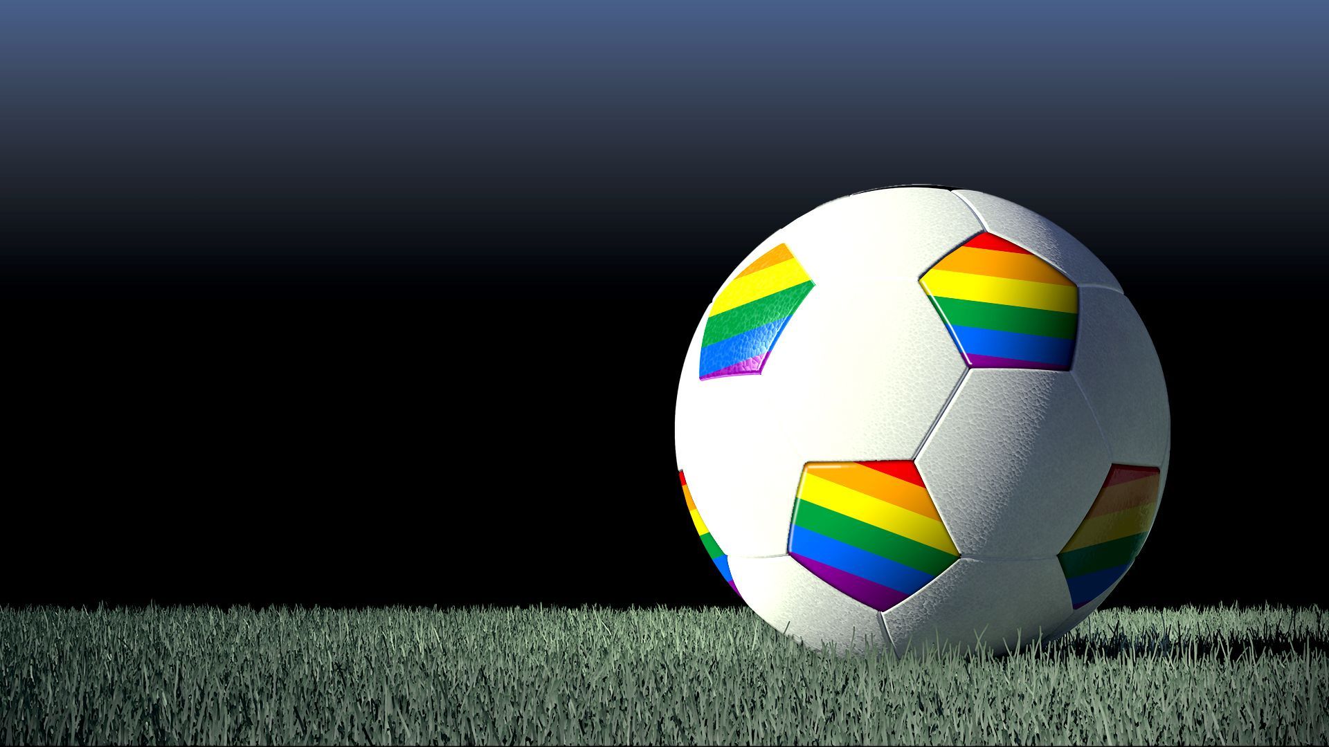 Illustration of a soccer ball with pride flag patterns repeated throughout the ball