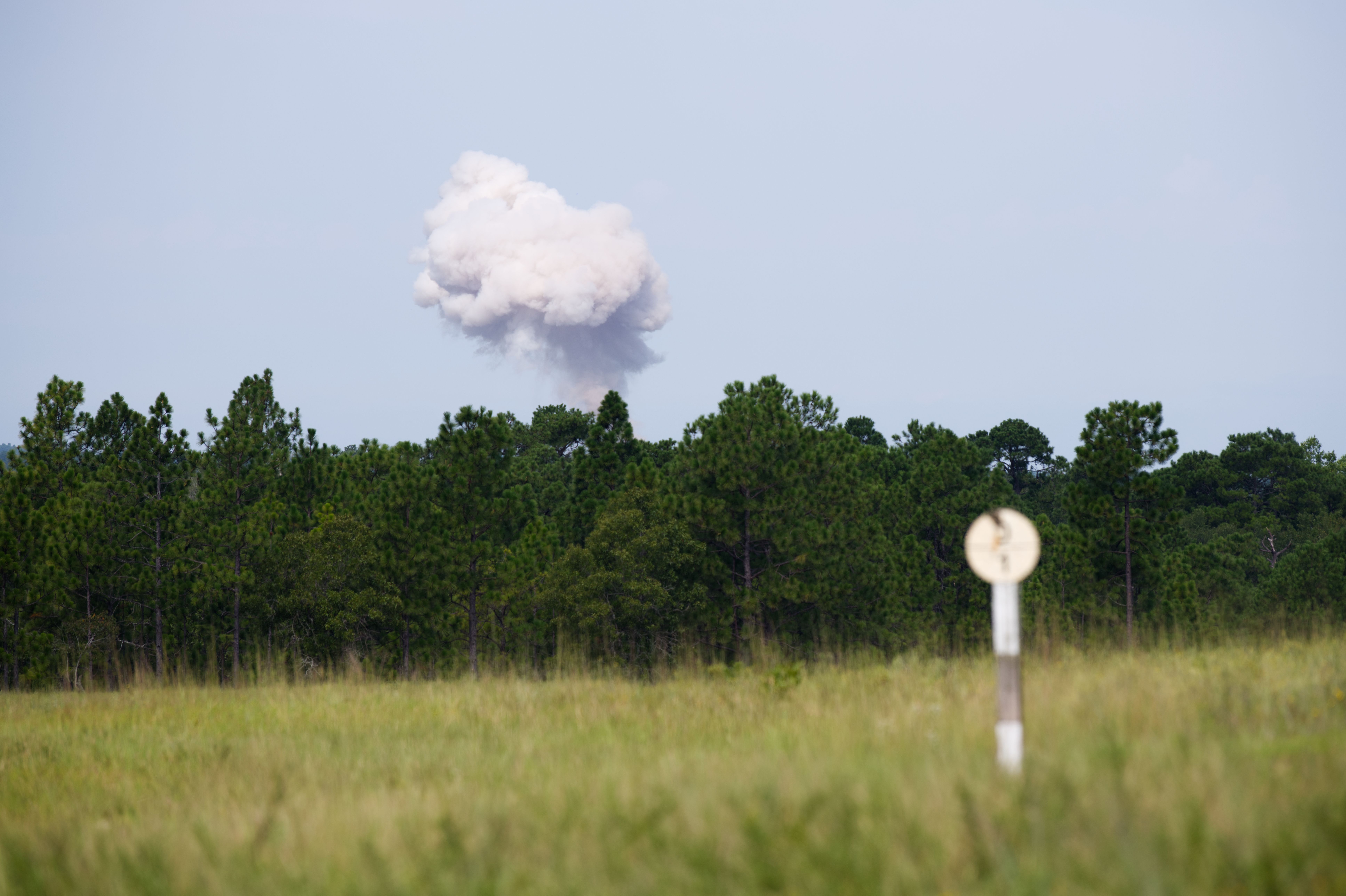 Wide rural scene with a line of pine trees on the horizon. A large white smoke plume rises from the ground behind the trees under a clear blue sky; a blurred white sign is visible in foreground.