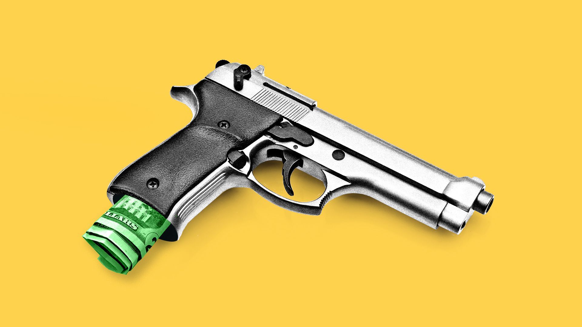 Illustration of gun being loaded with money.