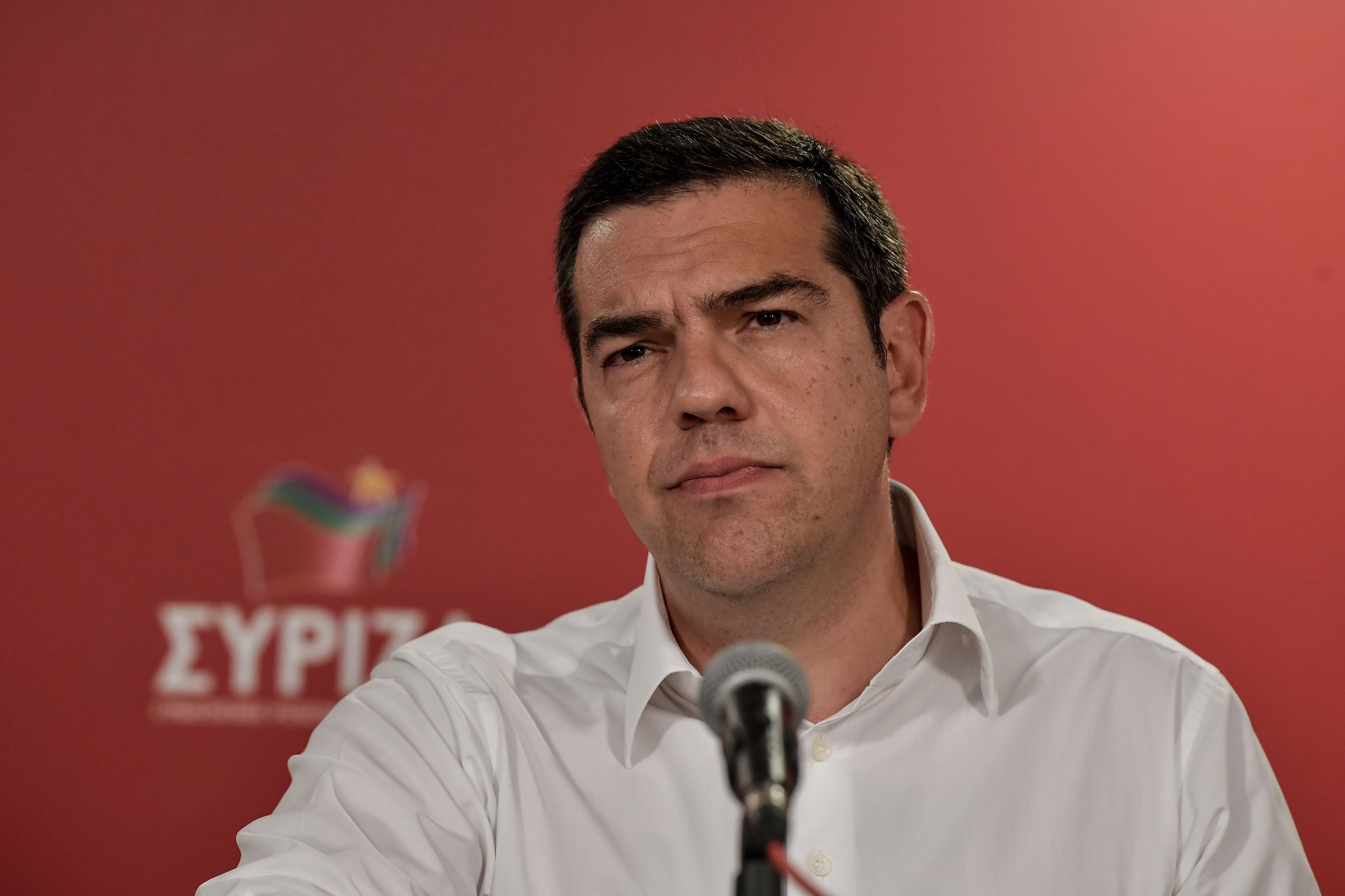 Greek Prime Minister Alexis Tsipras delivers a speech after the European parliamentary elections in Athens, on May 26, 2019. 