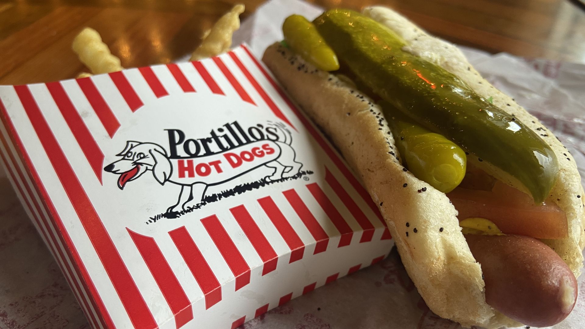 A Portillo's hot dog and fries