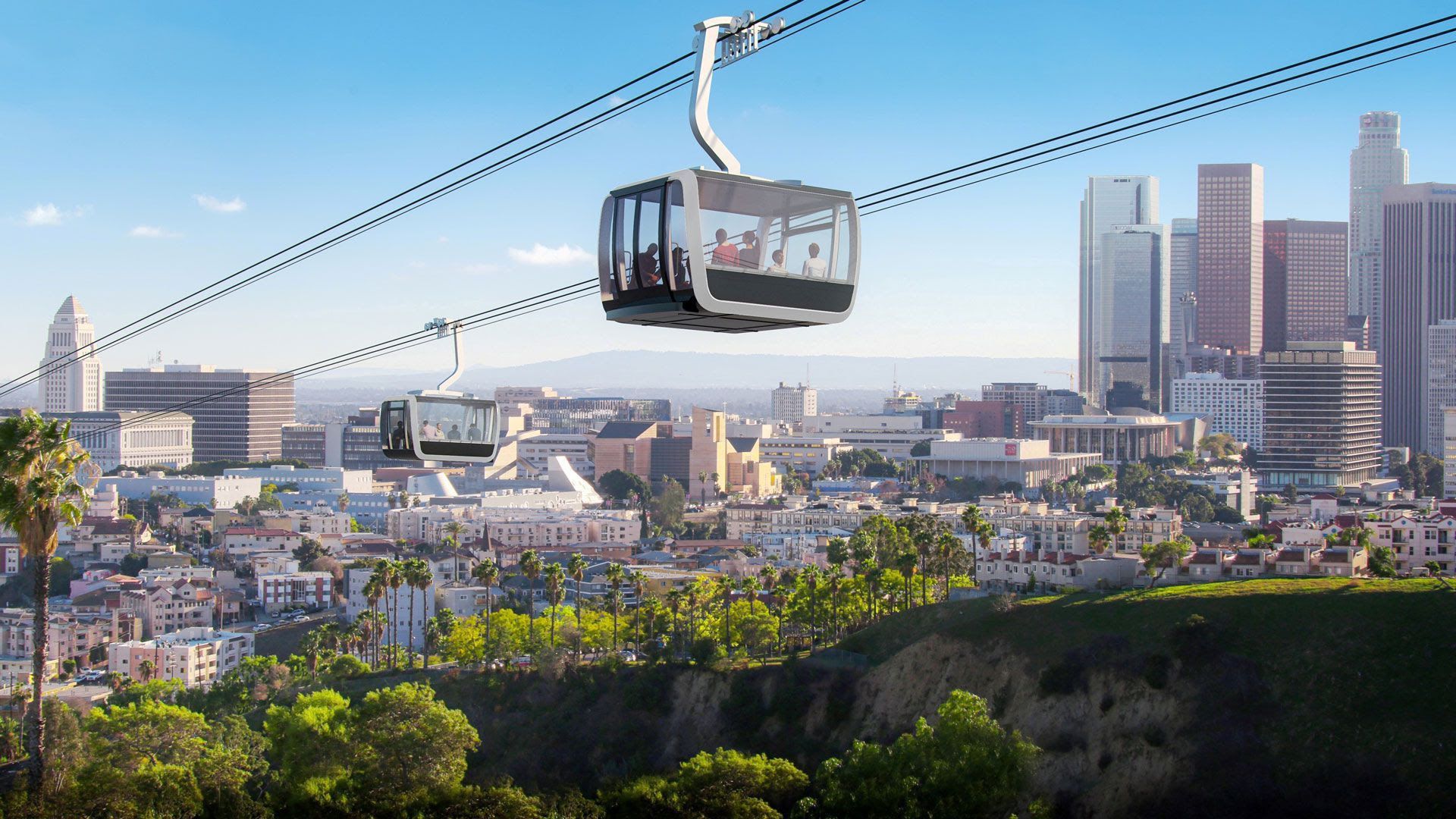 Rendering of an air gondola system proposed for Dodger Stadium in Los Angeles