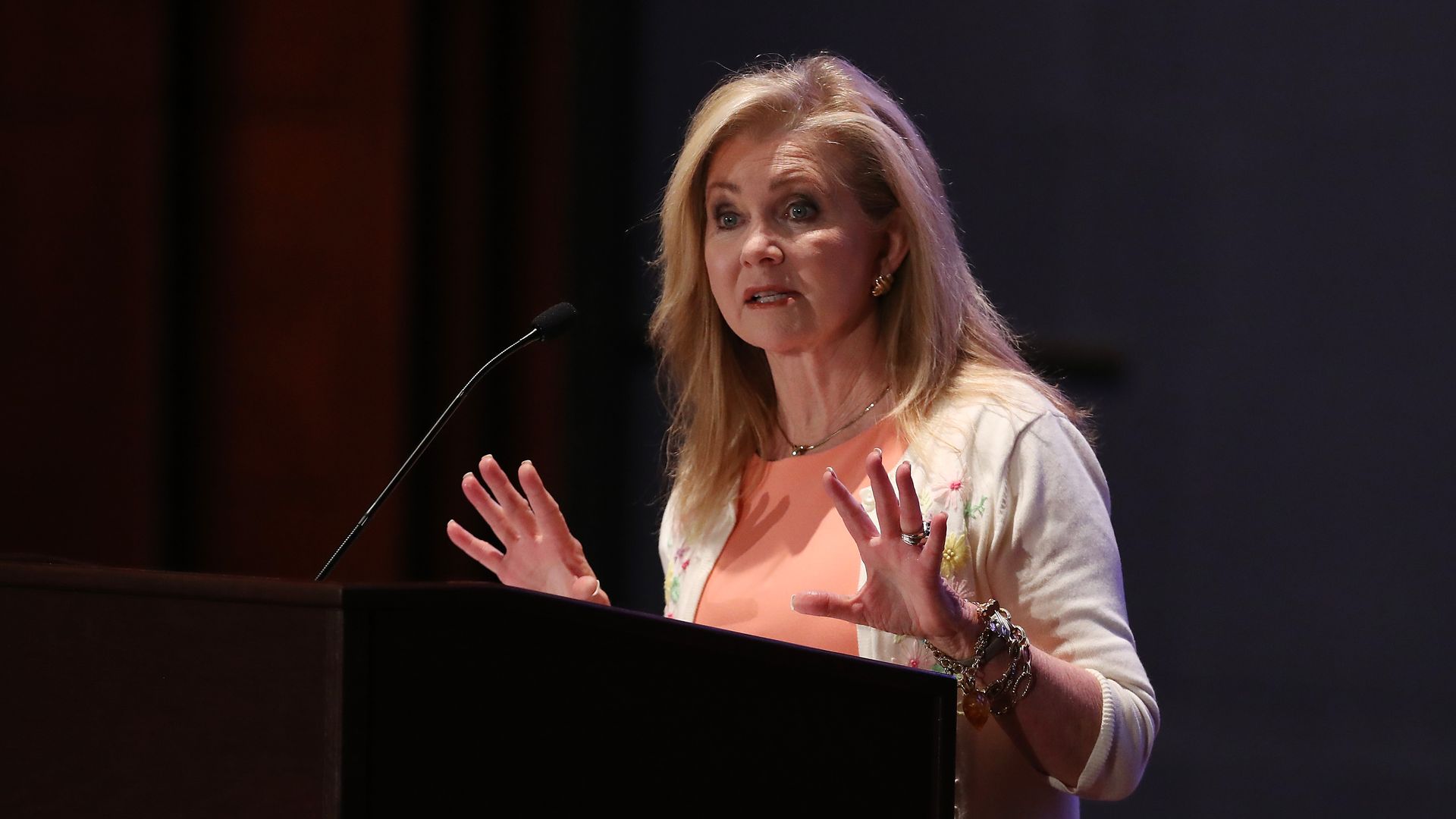 Sen. Marsha Blackburn speaks at a podium on June 27