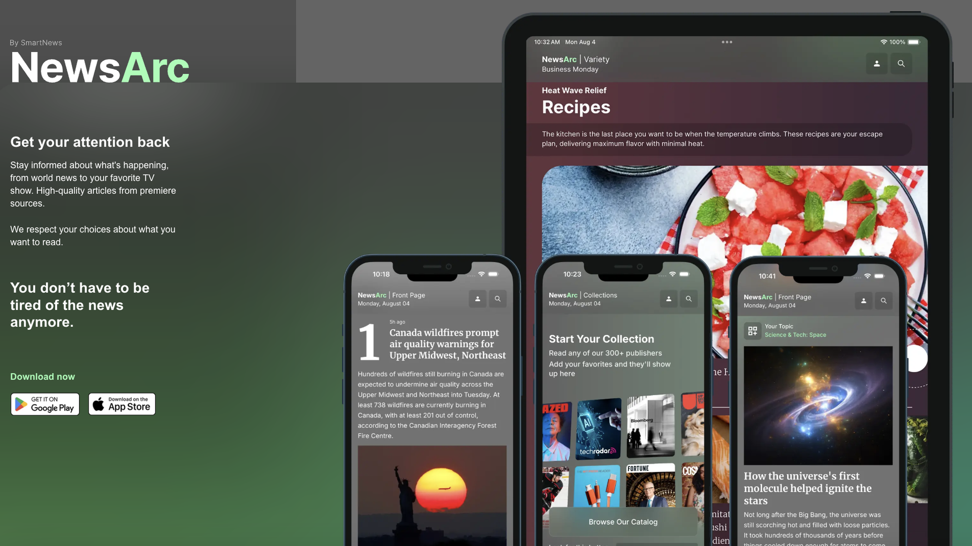 Screenshot of the NewsArc app showing news headlines, article previews, and a recipe on devices with dark and gradient green backgrounds. Includes app download links.