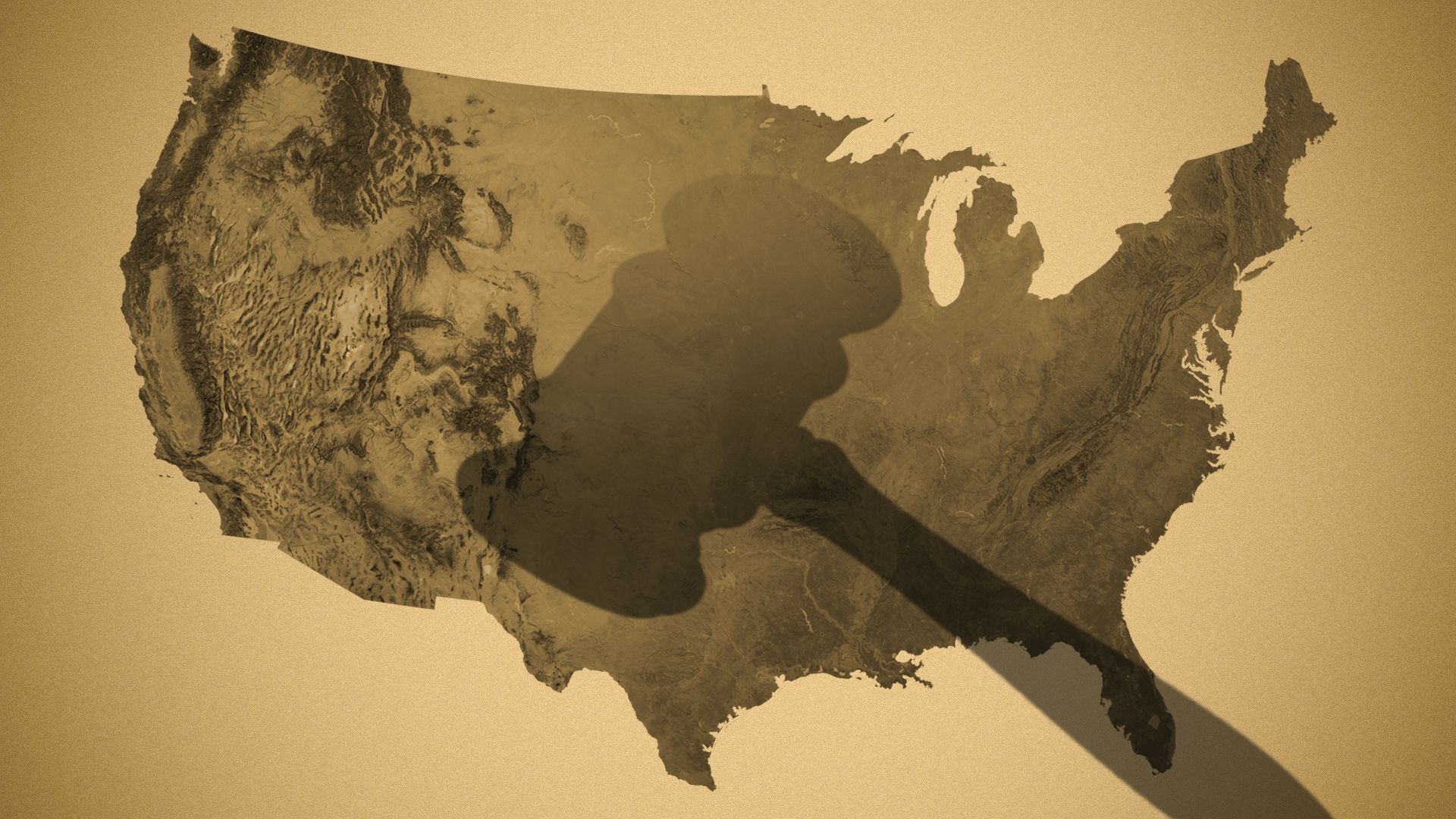 Illustration of a gavel's shadow looming over the continental United States.