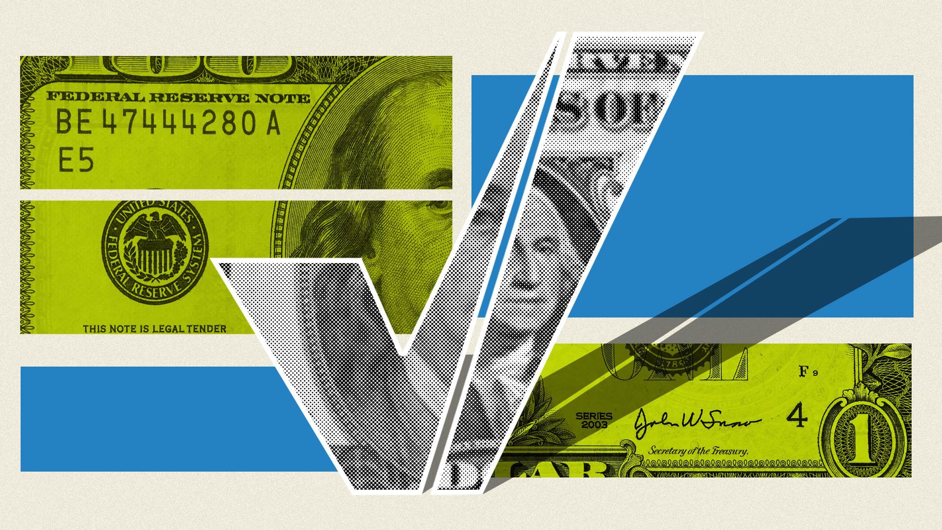 Illustration collage of a checkmark made from cut-outs of money 
