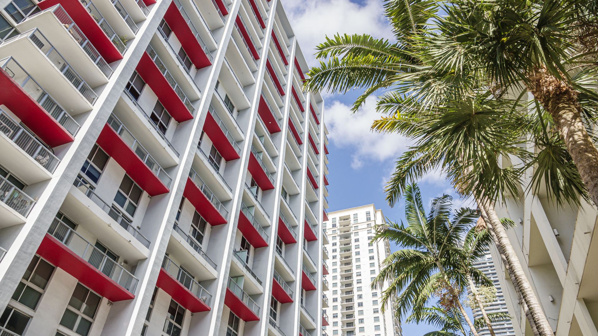 Miami, Florida, Brickell Financial District, SW 10th Street, high rise residential apartment buildings, red balcony design. (Photo by: Jeffrey Greenberg/Universal Images Group via Getty Images)
