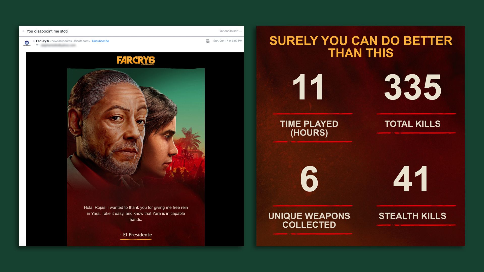 Screenshots of an email that urges a Far Cry 6 player to go back to the game. It also shows a tally of 11 hours played.