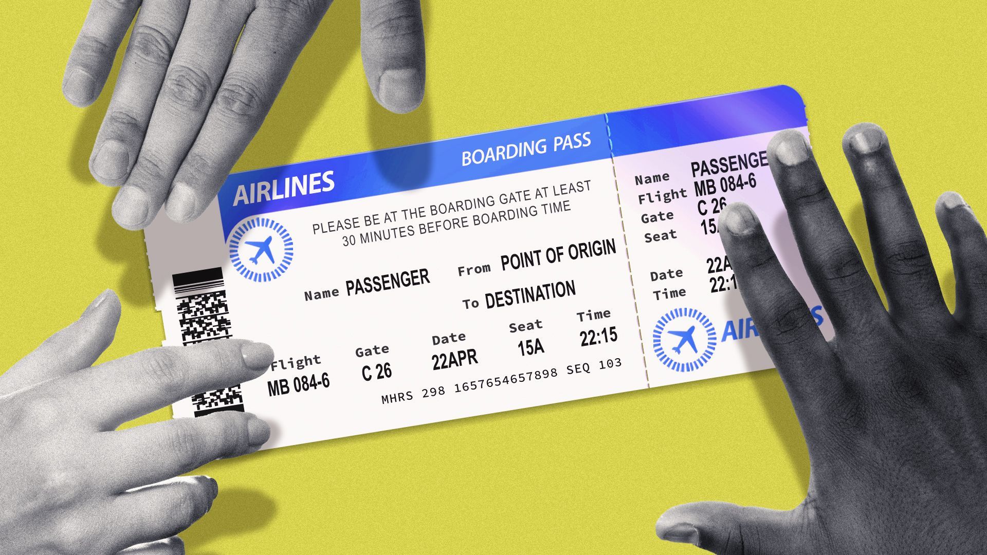 Illustration of three hands all reaching for the same airline boarding pass.