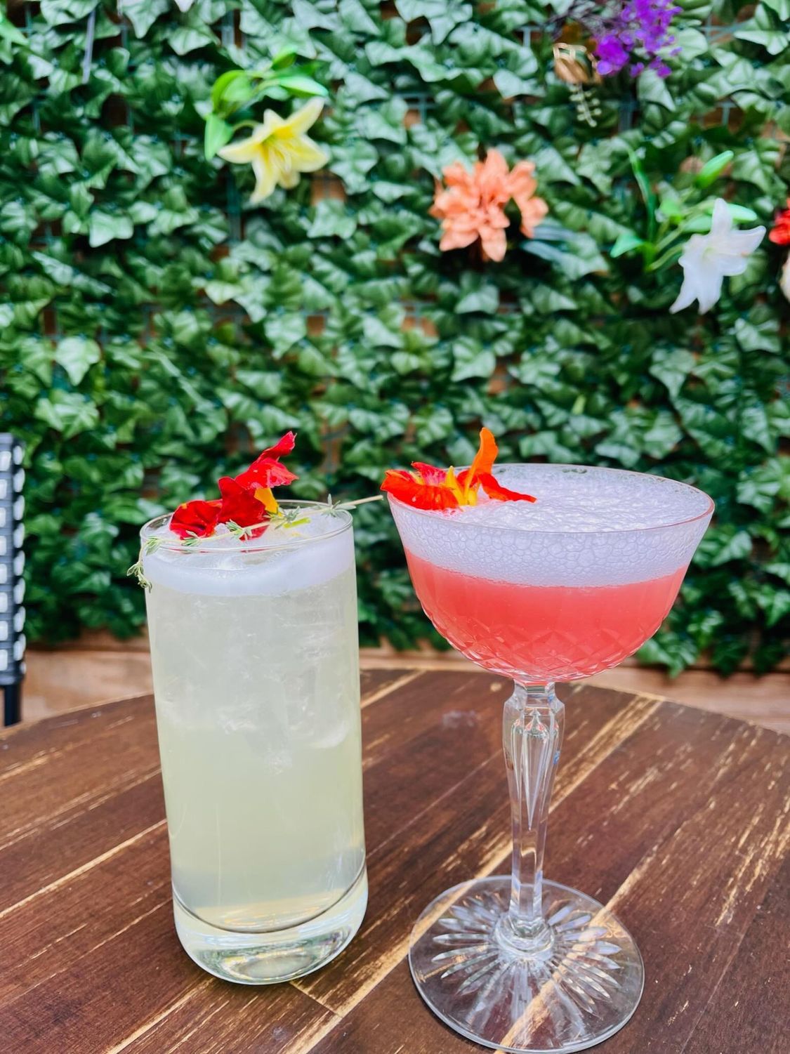 Two different cocktails in front of a grass wall
