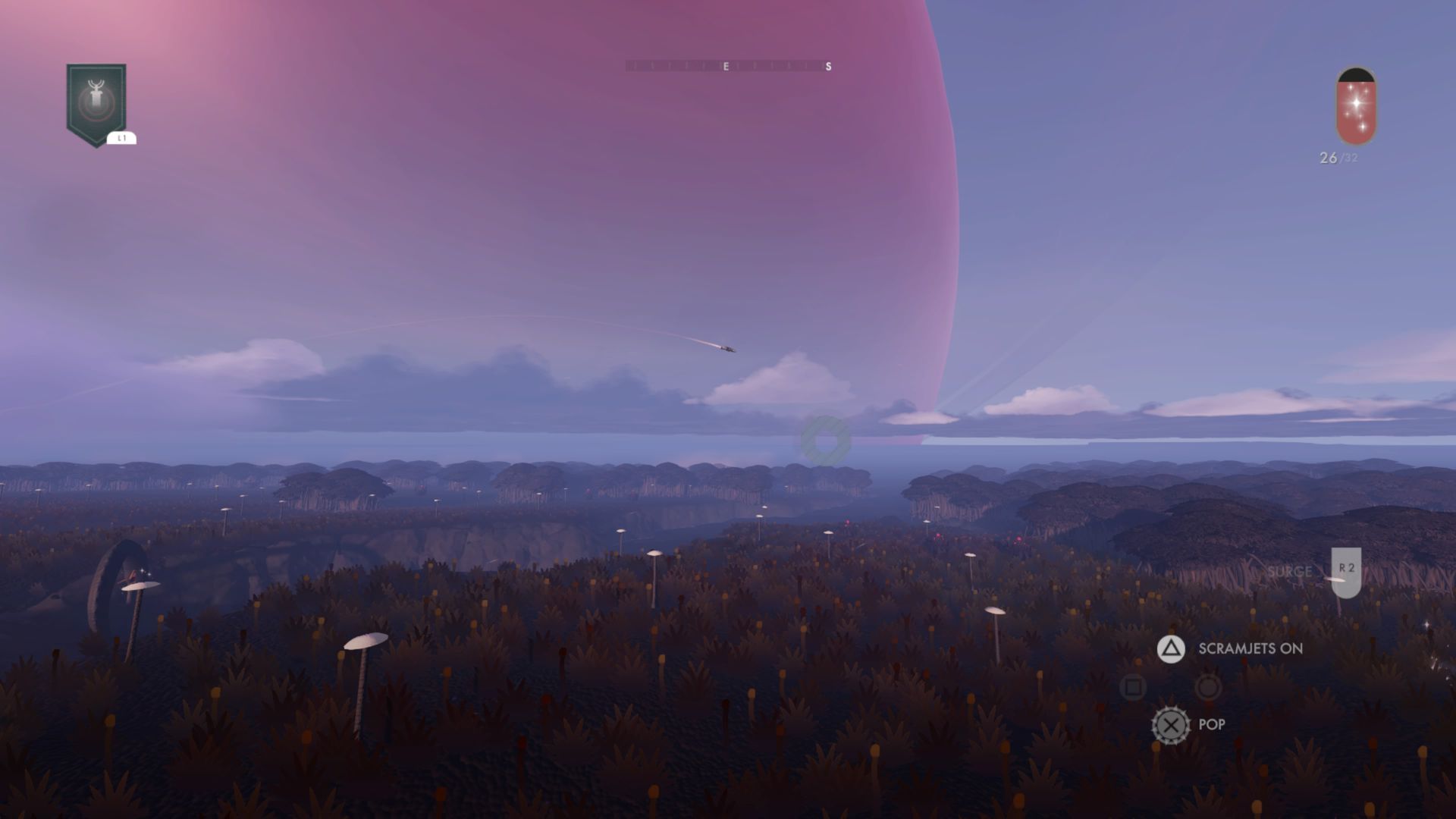 Screenshot of a video game scene that shows a large violet bubble encasing mountains and water