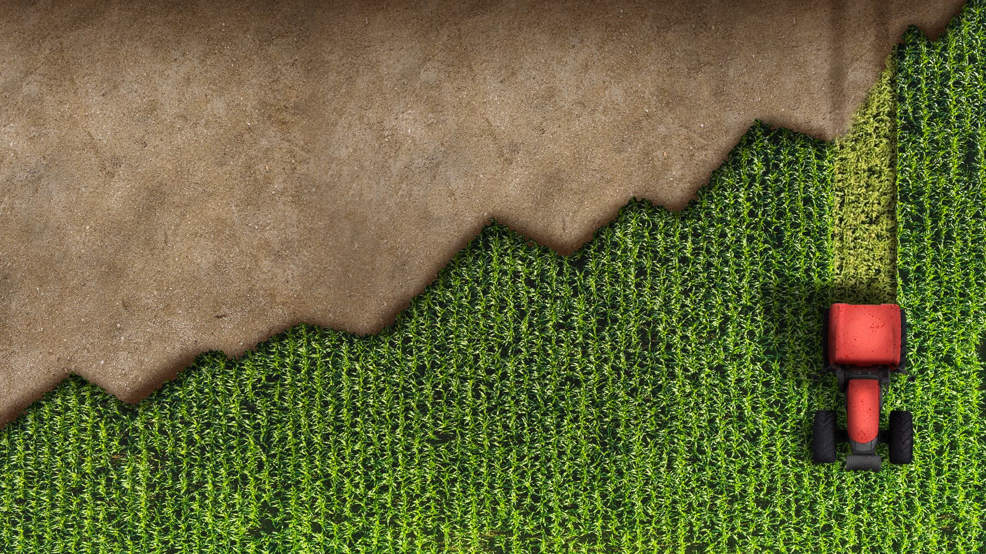 Illustration of a tractor and a field of crops from above in the form of an upward trending line chart