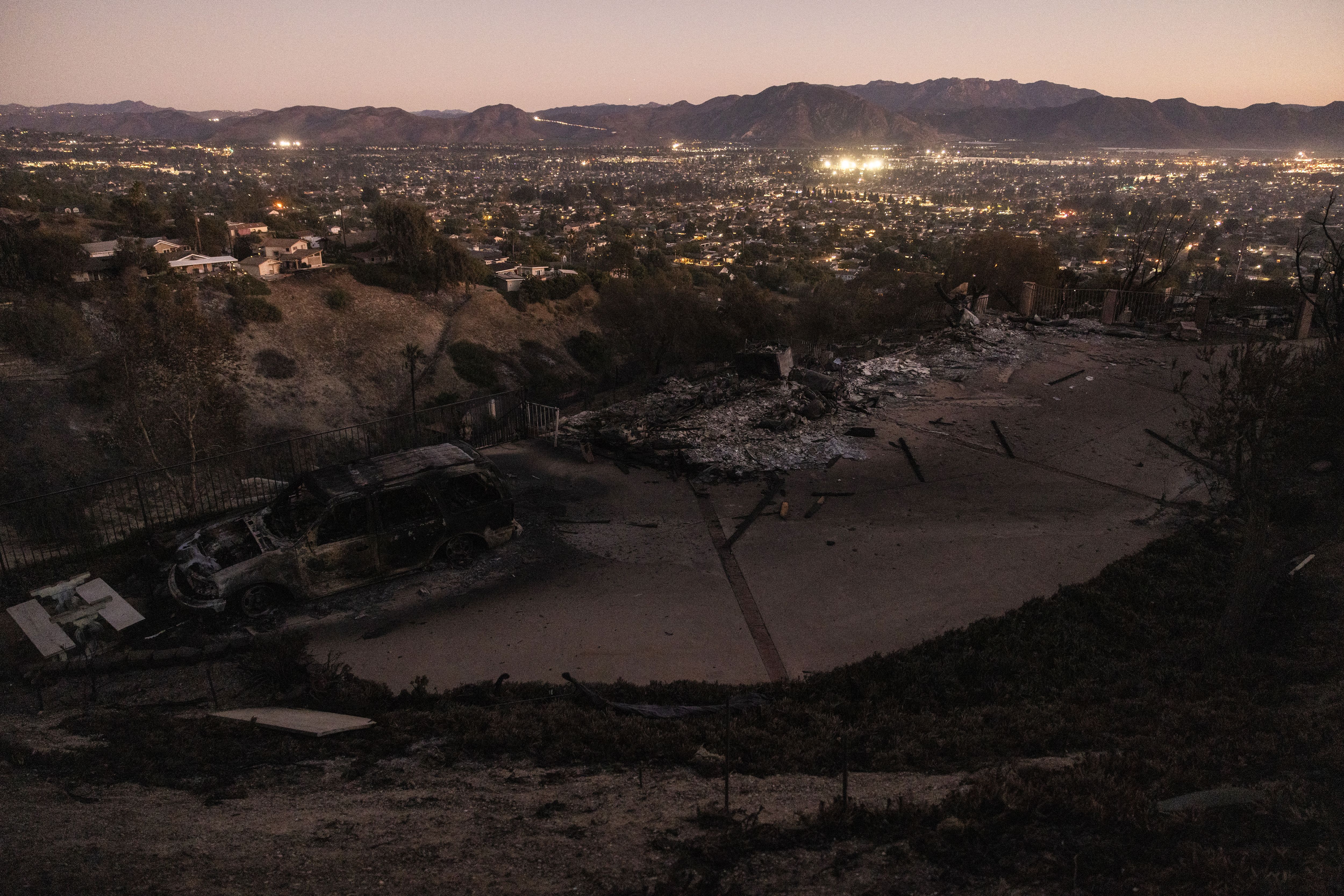  The remains of a house destroyed by the Mountain Fire, fueled by strong Santa Ana winds, are seen in Camarillo, California, on November 7, 2024. 