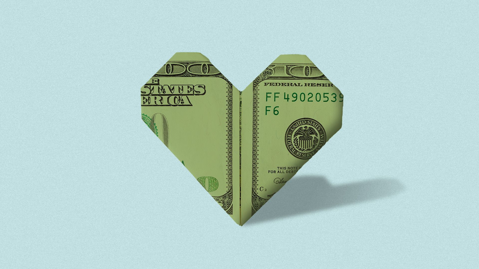 Illustration of an origami heart made from paper money.