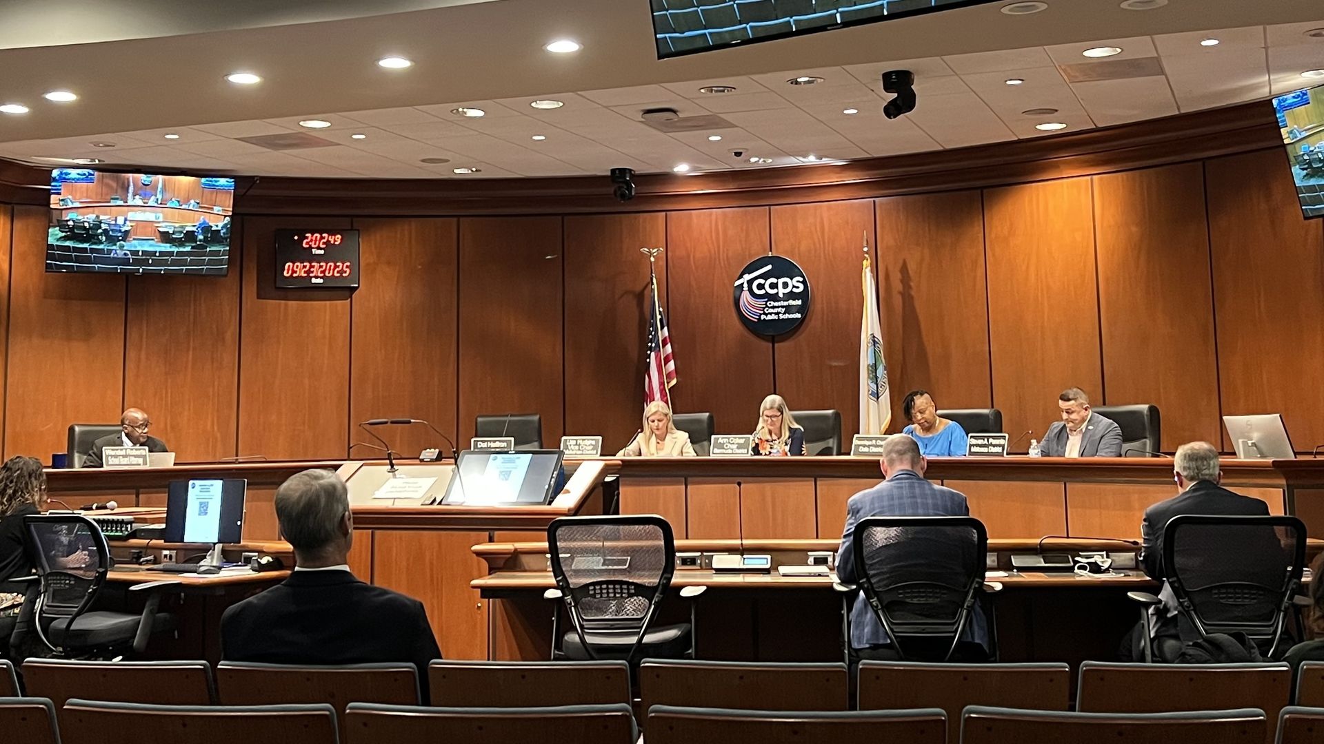 Chester School Board members meet, with an empty seat for Dot Heffron.