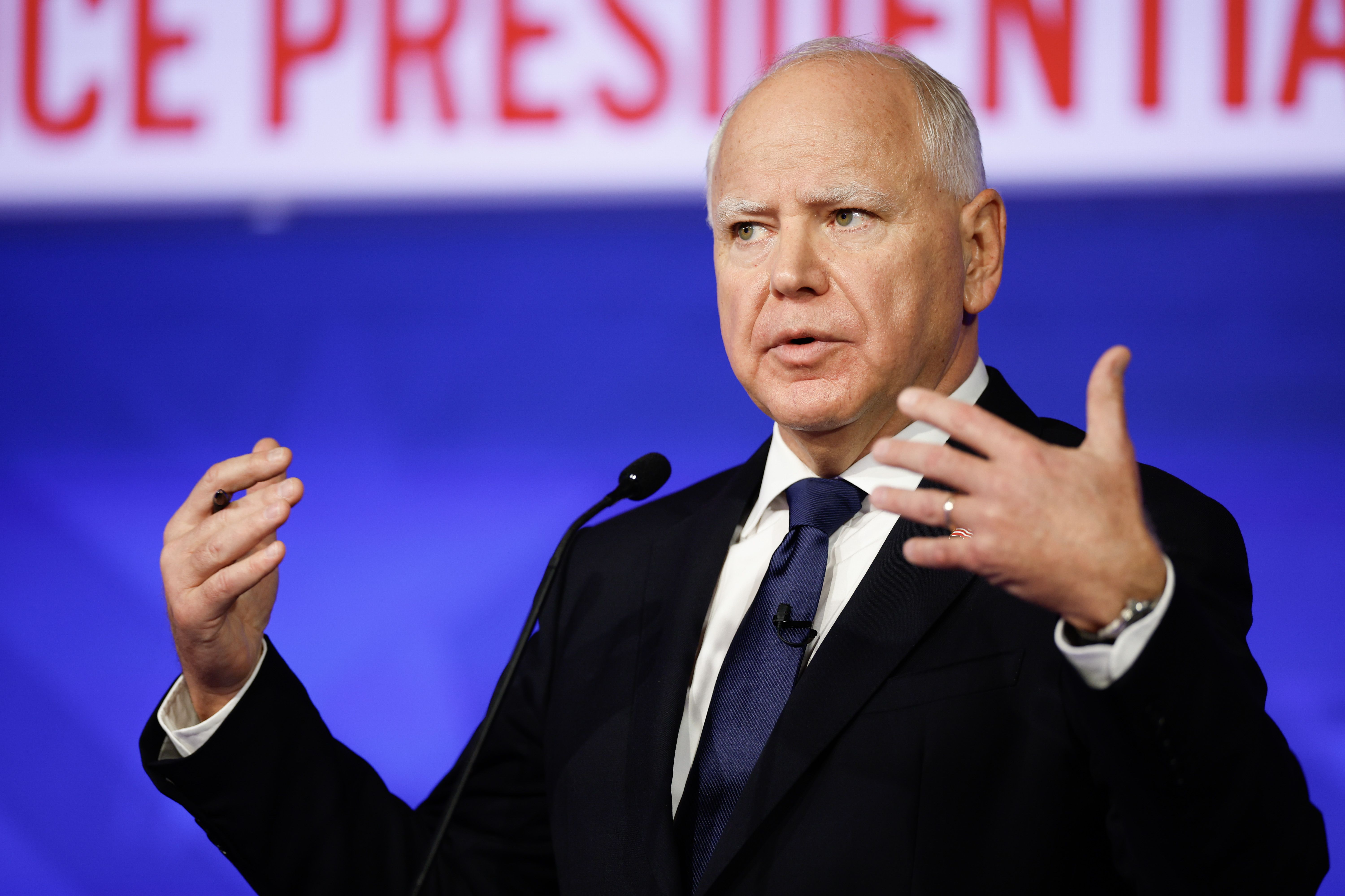 Democratic vice presidential candidate, Minnesota Gov. Tim Walz, speaks during a debate at the CBS Broadcast Center on October 1, 2024 in New York City. 