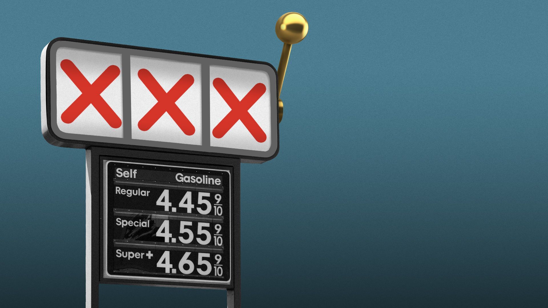 Illustration of a slot machine merged with a gas station sign.