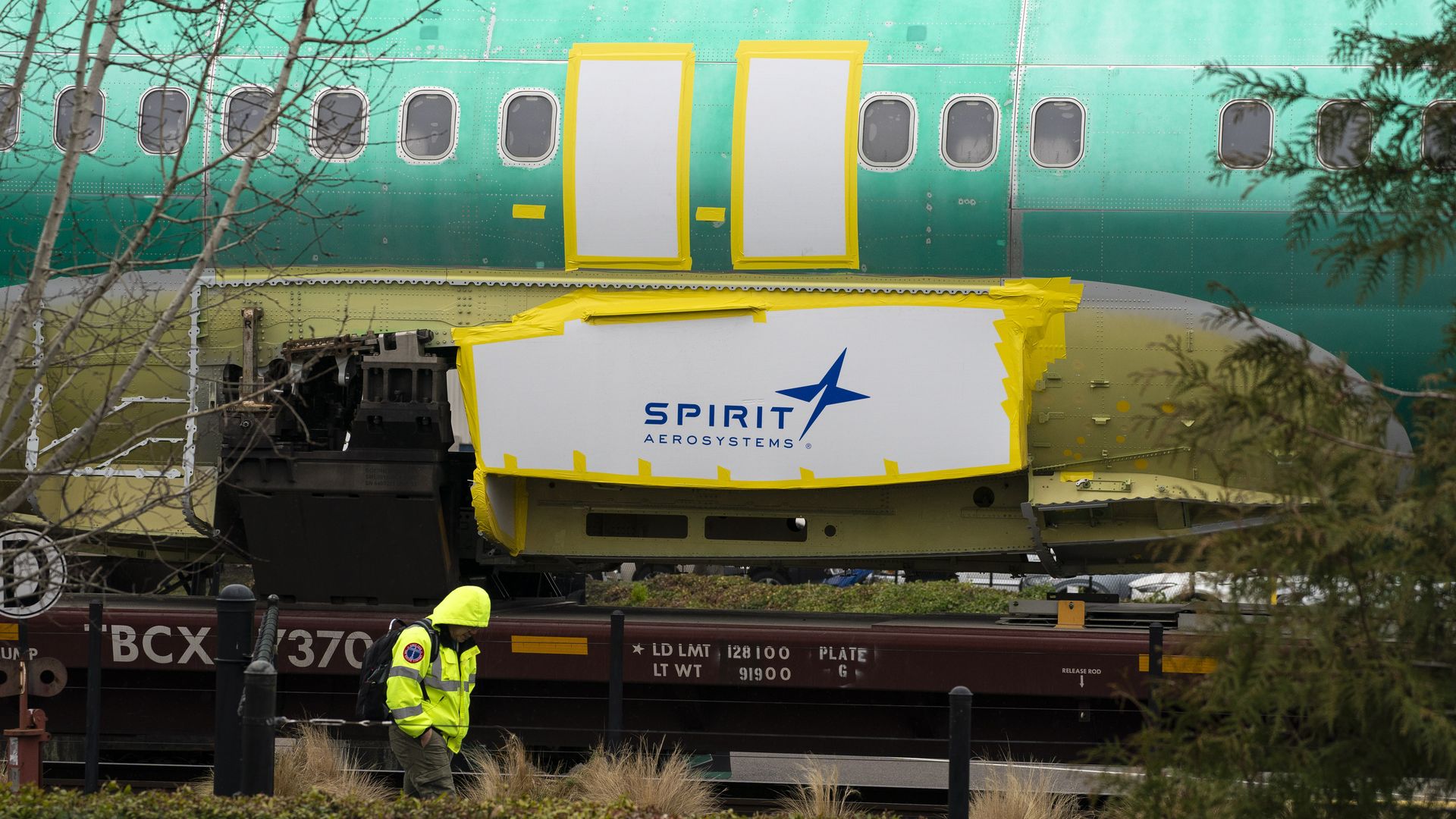 Spirit AeroSystems Holdings Inc. signage on a Boeing 737 fuselage outside the Boeing Co. manufacturing facility in Renton, Washington, US, on Monday, Feb. 5, 2024. 