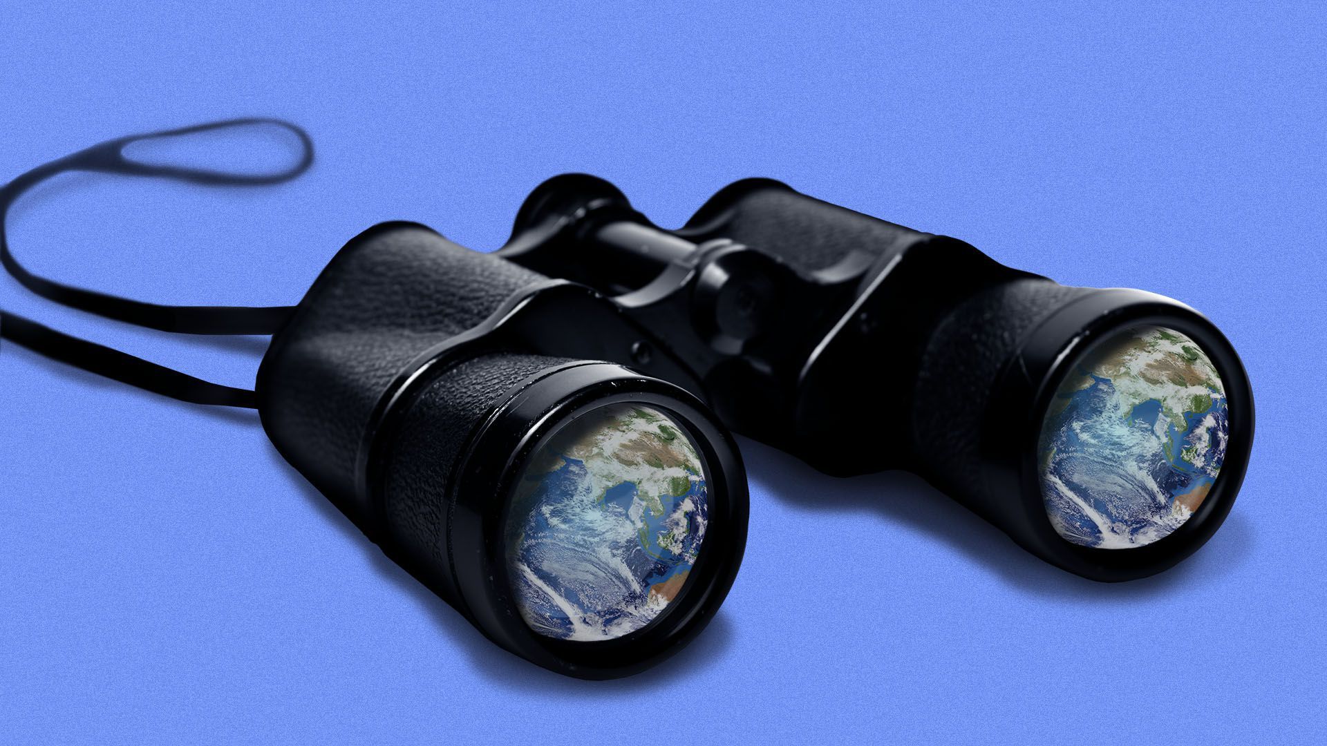 Illustration of binoculars with images of the Earth in its lenses 