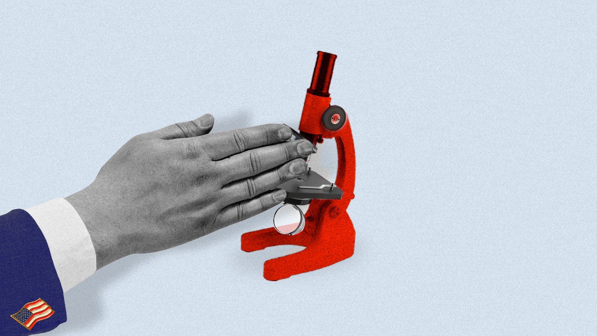 Illustration of a microscope being partially covered by an American businessman's hand.