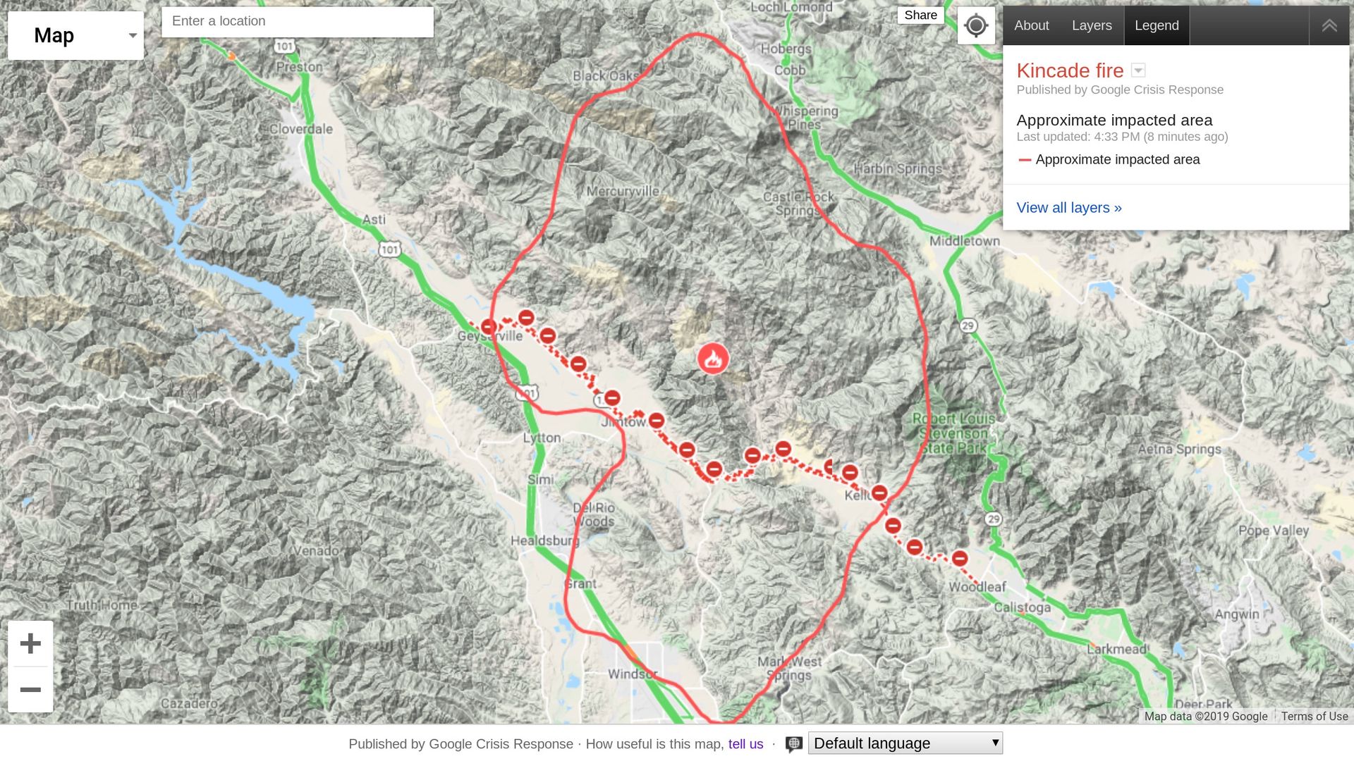 Google uses satellite imagery to update the boundaries of the October 2019 Kincaid Fire