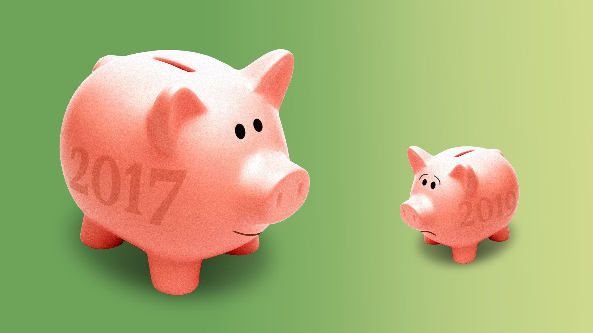 Illustration of a big smiling piggy bank that says "2017" on the side, and a smaller, worried-looking piggy bank that reads "2019."