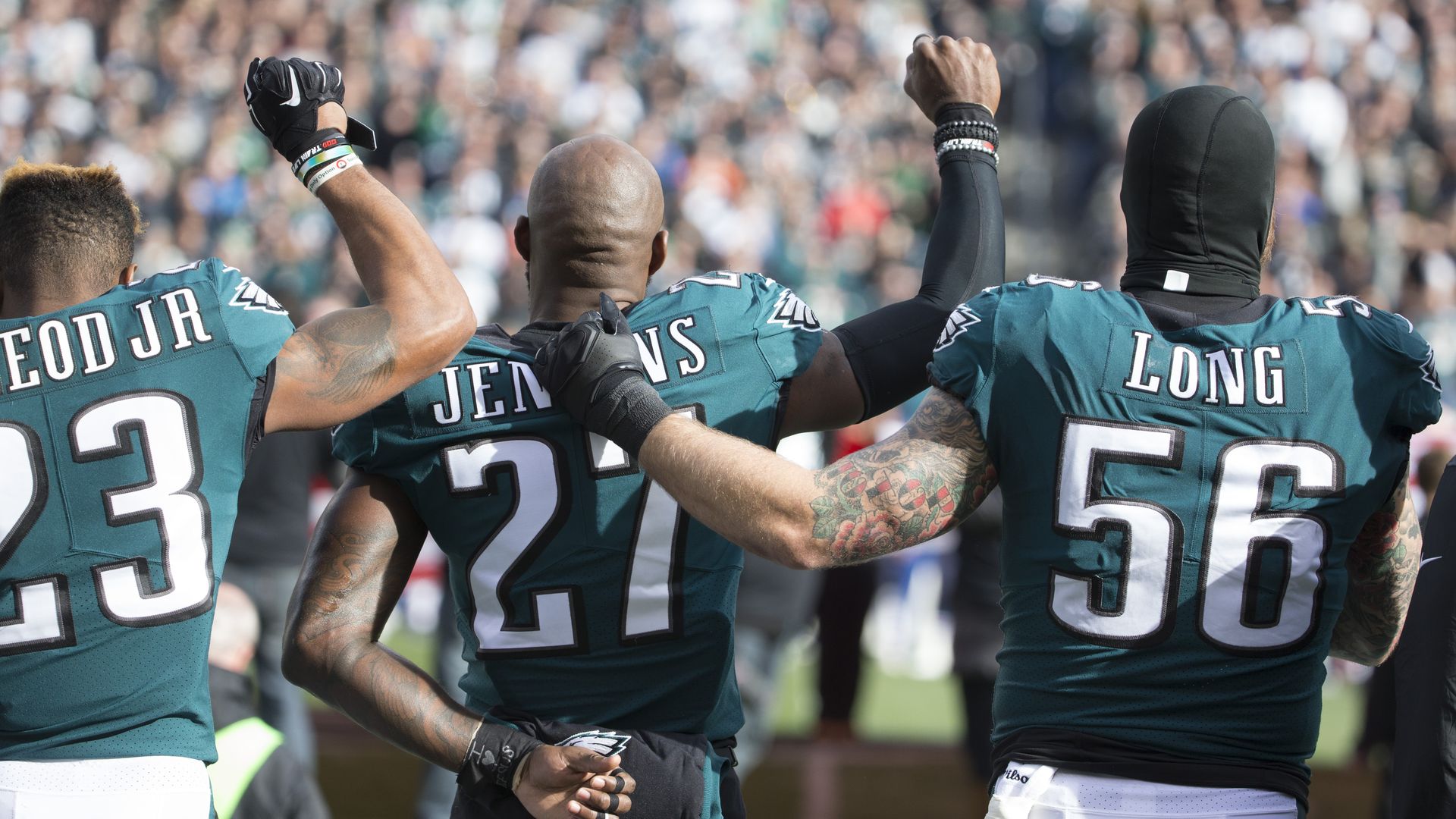 Malcolm Jenkins and Chris Long during the national anthem at Lincoln Financial Field on November 26, 2017. (Photo by Mitchell Leff/Getty Images)