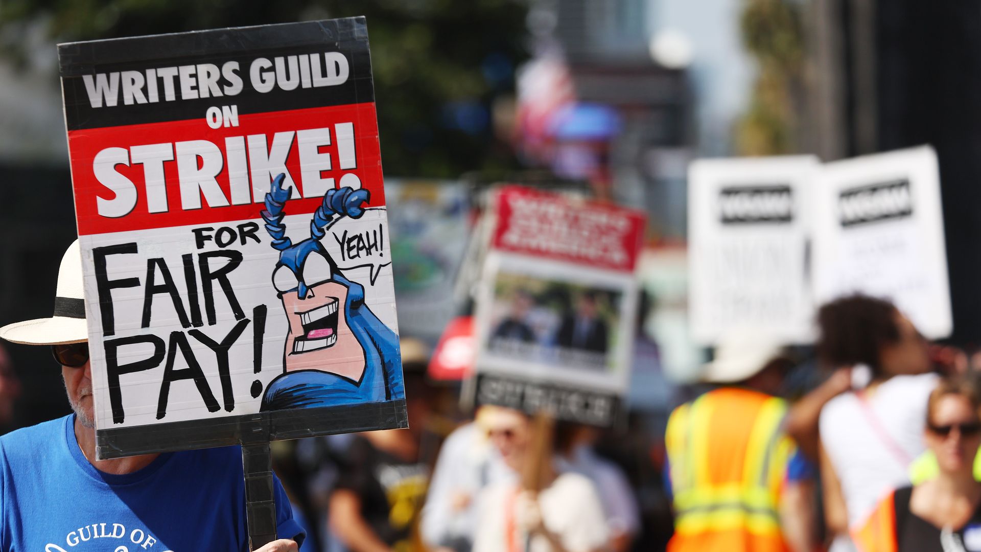  Striking WGA (Writers Guild of America) members picket with striking SAG-AFTRA members outside Netflix studios on September 22, 2023 in Los Angeles, California. 