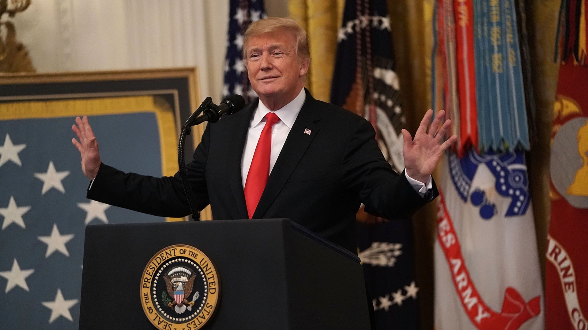 Donald Trump raises arms and smiles