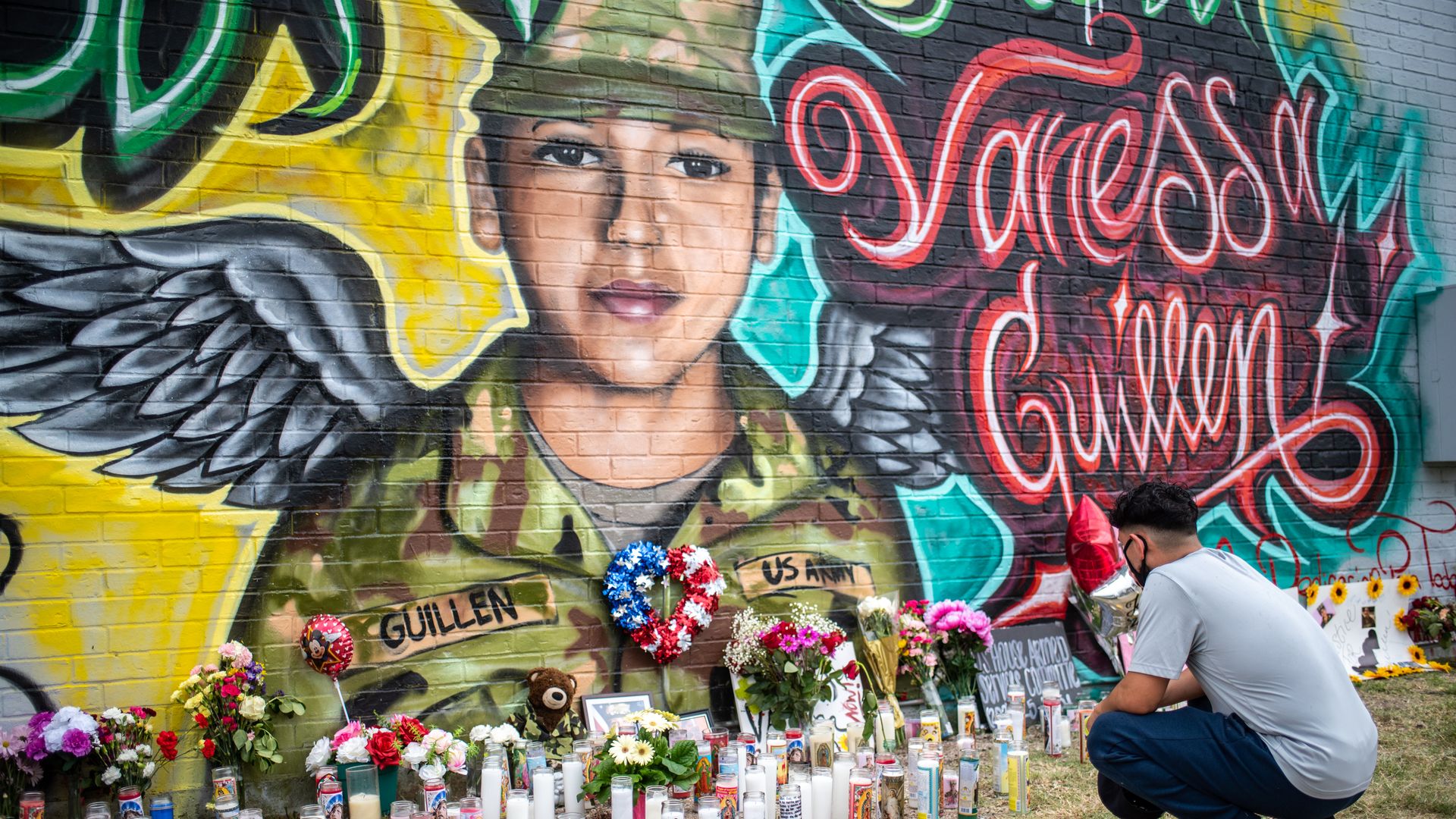 People pay respects at a mural of Vanessa Guillen, a soldier based at nearby Fort Hood on July 6, 2020 in Austin, Texas