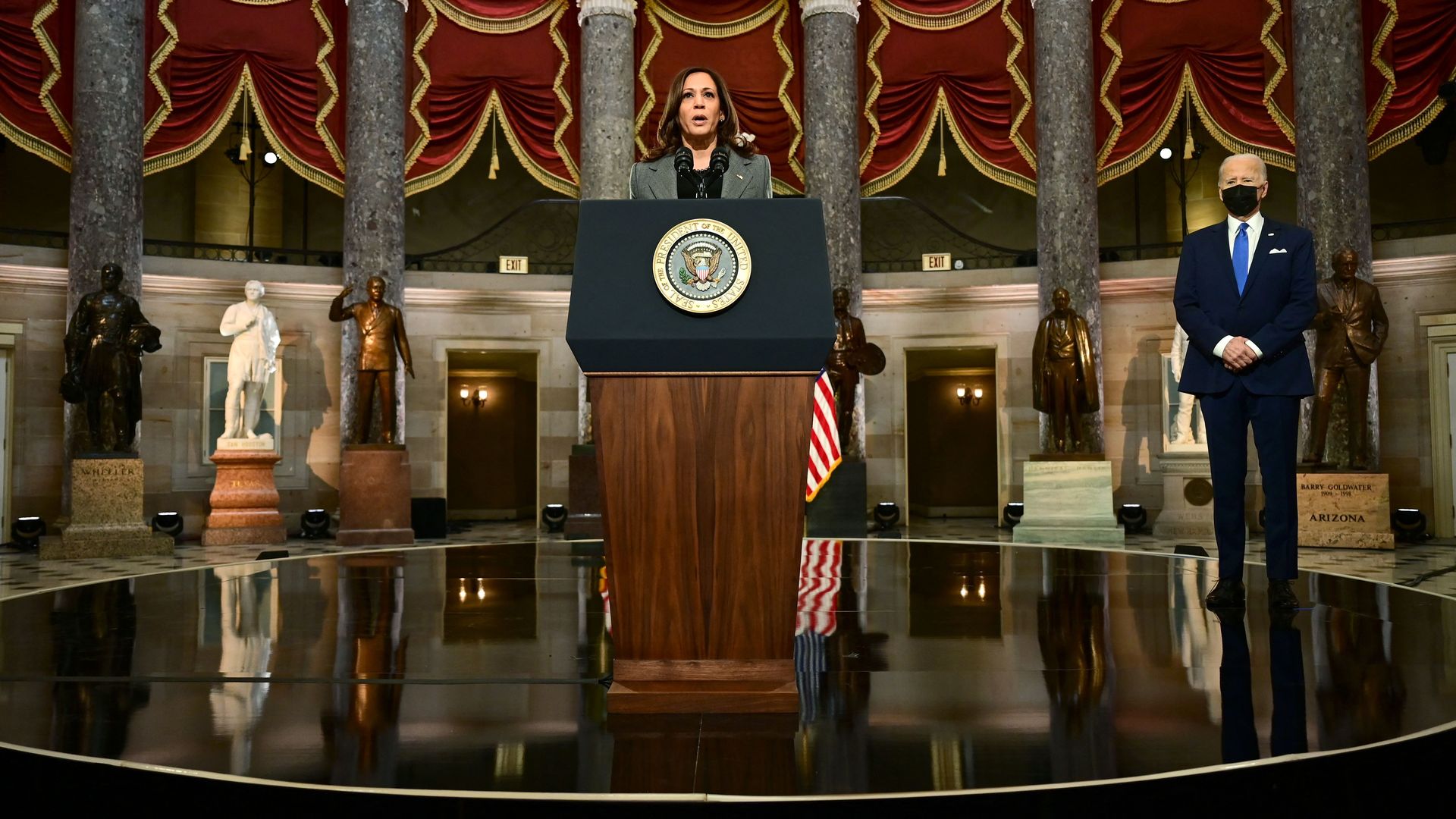 Vice President Kamala Harris speaks from Statuary Hall at the U.S. Capitol on Jan. 6, 2022.