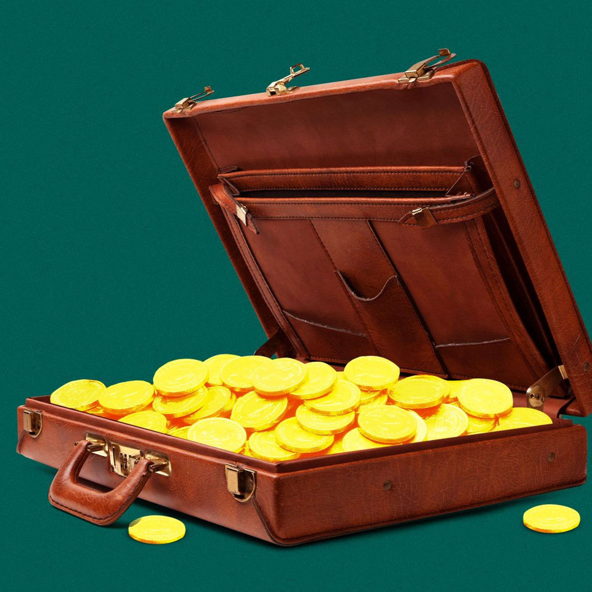 Illustration of an open briefcase full of coins.